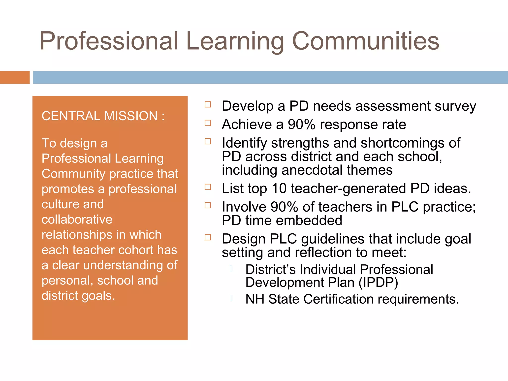 Professional Learning Communities
CENTRAL MISSION :
To design a
Professional Learning
Community practice that
promotes a professional
culture and
collaborative
relationships in which
each teacher cohort has
a clear understanding of
personal, school and
district goals.
 Develop a PD needs assessment survey
 Achieve a 90% response rate
 Identify strengths and shortcomings of
PD across district and each school,
including anecdotal themes
 List top 10 teacher-generated PD ideas.
 Involve 90% of teachers in PLC practice;
PD time embedded
 Design PLC guidelines that include goal
setting and reflection to meet:
 District’s Individual Professional
Development Plan (IPDP)
 NH State Certification requirements.
 