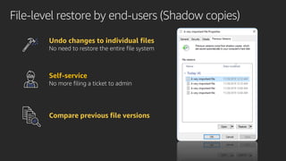 File-level restore by end-users (Shadow copies)
Compare previous file versions
Self-service
No more filing a ticket to adm...