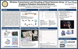 Rachel Miller, Timothy F. O’Connor III, Armando Urbina, Darren J. Lipomi*
Department of NanoEngineering, UC San Diego nanoengineering.ucsd.edu
darrenlipomi.com
Abstract Data Processing
Existing glove-like sensors for decoding human hand gestures
—e.g., American Sign Language (ASL)—have been
demonstrated before, but they have employed bulky
electronics and had limited sensitivity at small strains. We
have fabricated and employed piezoresistive strain sensors
comprised of graphene decorated with thermally evaporated
palladium nanoislands. These composite thin films are
integrated into a sensor system that wirelessly measures the
wide range strain corresponding the motion and configuration
of the hands and fingers. These sensors have demonstrated a
large gauge factor, stable baseline, and ability to detect strain
as small 0.1% with a dynamic range of over four orders of
magnitude in strain (0.001% – 10% strain). Data from nine
sensors on the knuckles were transmitted wirelessly by
Bluetooth to a computer, then interpreted by purpose-written
software to decode the signal. Moreover, this demonstration
uses imperceptible sensors that can be placed on commonly
available textiles. While we demonstrate an application in
ASL, the piezoresistive sensor system is also amenable to
instrumented gloves for surgical training, prostheses and
electronic skin and silent wireless communication for covert
operations.
Fabrication
Fabrication Process:
Palladium Nanoisland decorated graphene on
copper and PET; copper selectively etched in
ammonium persulfate to create contacts
Output Signals
Support & References
Pic
Device Assembly and TestingHuman Signal to Digital Signal
[1] Savagatrup, Printz, O’Connor, Zaretski, Lipomi.
Chem. Mater. 2014, 26, 3028−3041
[2] Mut, Michelle. "Robotic Surgery and Minimally
Invasive Surgery." Prezi.com. Worcester Polytechnic
Institute, 14 Apr. 2014. Web. 06 Oct. 2016.
Sensor cross-section (not to scale)
Wireless Transmission and Decoding of Hand Gestures Using
Graphene Palladium Nanoisland Sensors
Future Work
IP
MM
MP
RM
PM
RP
0
5
10
0
5
10
0
5
10
0
5
10
0
5
10
0
5
10
Voltage(V)
Time (counts)
Integrate stretchable materials [1]
• Better suited for range of finger motion
• Increase durability
• Robust to mechanical strain
Increase sensor density
• Interpret all 26 letter in ASL alphabet
Adapt to virtual reality tasks
• Education
• Telesurgery
• Entertainment
Change in voltage in response to change in strain
• Distinct changes voltage usable for on/off in majority
sensors.
• Steady baseline within each sensor.
• Although baseline resistances (or voltages) may differ from
sensor to sensor, this disparity is easily compensated for in
the code and does not negatively affect ability to interpret
the data.
Above: Remote surgery using traditional controls [2]
(Top Left and Far Right) Functional prototype:
• Sensors mounted on glove
• Majority of sensors were functional
• Able to transmit information to computer wirelessly
(Bottom Left) Sensors Pre and Post Flexing cycles:
• No signs of mechanical failure after 20 cycle.
• Note: Sensor did not elongate after cycles
Sensor system
mechanisms:
Sensor circuit is a voltage
divider. As sensors
experience strain, output
voltage changes and is the
change is detected by the
Arduino.
Logic:
Although each sensor is
analogue, code has
threshold values to
determine on/off signals.
Every letter is assigned to a
combination of on/off
signals.
 