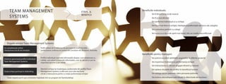 TEAM MANAGEMENT
SYSTEMS
Etapele soluției Team Management Systems:
Toate etapele pot fi ușor și folositor înglobate într-un program de Teambuilding!
Vei fi fericit la locul de muncă
Vei fi și mai eficient
Vei lucra mai bine in echipă, ințelegând preferințele de lucru ale colegilor
Vei comunica potrivit cu colegii
Vei lucra cu o stare de spirit mai bună, intr-un mediu neconflictual
Vei performa individual și cu echipa
Beneficiile individuale:
Vei potrivi excelent abilitățile angajaților în diferite proiecte
Vei maximiza motivarea și performanța echipei
Vei aplana situațiile de conflict în beneficiul tuturor
Vei delega sarcini potrivite către persoane potrivite
Vei îmbina dezvoltarea individuală la obiectivele de business
Vei interacționa cu fiecare angajat eficient și natural
Beneficiile pentru manageri:
ETAPE &
BENEFICII
Se completează online
chestionarul de 60 de întrebări
Sistemul generează profilul individual
Team Management Systems
Toată echipa participă la debriefing
Profil utilizat de 6 milioane de persoane la nivel mondial,
perfecționat continuu la Centrul de Cercetare din Brisbane, Australia
Profilul individual cuprinde informațiile despre: cum relaționezi cu
ceilalți, cum aduni și folosești informațiile, cum iei decizii și cum te
organizezi pe tine și pe ceilalți
Membrii echipei își împărtășesc preferințele din profilul Team
Management Systems și află care sunt cele mai bune
căi de a interacționa pentru a crește performanța echipei
 