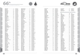 WELCOME
MESSAGES
ORGANISERSPRACTICAL
INFORMATION
CONFERENCE
PROGRAMME
Technical
Programme
STUDENTS&YOUNG
PROFESSIONALS
EVENTS
ASSOCIATED
PROGRAMMES
&EVENTS
EXHIBITIONSOICIALEVENTS
&Technical
TOURS
WELCOME
MESSAGES
ORGANISERSPRACTICAL
INFORMATION
CONFERENCE
PROGRAMME
Technical
Programme
STUDENTS&YOUNG
PROFESSIONALS
EVENTS
ASSOCIATED
PROGRAMMES
&EVENTS
EXHIBITIONSOICIALEVENTS
&Technical
TOURS
AUTHORS’
INDEX
AUTHORS’
INDEX
Bertelli, Cosimo A IAC-15.D5.1.7
Bertoldi, Artur A IAC-15.C4.2.8
Bertoldi, Artur CA IAC-15.C4.IP.5
Bertoldi, Artur A IAC-15.C4.IP.53
Bertolotto, Delfina CA IAC-15.B3.3.4
Bertrand, Pierre CA IAC-15.A5.2.8
Bertrand, Pierre CA IAC-15.E3.IP.3
Betelin, Vladimir CA IAC-15.A2.2.4
Betelin, Vladimir CA IAC-15.A2.4.5
Betti, Barbara CA IAC-15.B4.2.7
Bettiol, Laura CA IAC-15.A6.3.1
Bettiol, Laura CA IAC-15.A6.IP.21
Bettiol, Laura A IAC-15.C2.5.2
Bevilacqua, Marco CA IAC-15.A3.3A.12
Bewick, Charlotte CA IAC-15.B1.2.8
Beyermann, Ulrich CA IAC-15.B2.IP.9
Bhan, Rakesh CA IAC-15.B1.1.9
Bharadwaj, B. Kapil CA IAC-15.C2.6.9
Bhate, Harsh A IAC-15.B2.3.8
Bhatta, Karan A IAC-15.B1.IP.21
Bhattacharjee, Shambo A IAC-15.A1.6.7
Bhattarai, Suresh CA IAC-15.E1.1.3
Bhide, Ojas CA IAC-15.E2.4.9
Bhui, Surmit A IAC-15.C3.4.5
Bi, Lei CA IAC-15.A1.3.2
Biamonti, Davide CA IAC-15.A6.7.2
Bian, Wei CA IAC-15.D5.2.8
Bianchi, Stefano CA IAC-15.D2.1.4
Biard, Arnaud CA IAC-15.D2.2.8
Biard, Arnaud CA IAC-15.E7.4.13
Bibring, Jean-Pierre CA IAC-15.B6.3.3
Bibring, Jean-Pierre CA IAC-15.A3.4.6
Bidaux-Sokolowski, Ambroise CA IAC-15.A3.3B.11
Biebricher, Alexander CA IAC-15.E1.2.8
Biele, Jens CA IAC-15.A3.4.2
Biele, Jens CA IAC-15.A3.4.6
Bielicki, Damian M. CA IAC-15.E3.IP.18
Biesbroek, Robin A IAC-15.A6.6.5
Biggs, James CA IAC-15.C1.8.3
Billig, Gerhard CA IAC-15.D6.3.7
Billot, Carole CA IAC-15.A6.6.5
Bin, Jiang A IAC-15.C4.7-C3.5.6
Bin, Li CA IAC-15.C4.IP.16
Bingxin, Yang CA IAC-15.C3.2.6
Binnig, Marco CA IAC-15.A1.7.7
Birkeland, Roger CA IAC-15.E2.3-YPVF.4.4
Birkeland, Roger CA IAC-15.B2.IP.9
Birkeland, Roger CA IAC-15.B2.8-YPVF.3.4
Bissonnette, Vincent CA IAC-15.E2.2.5
Biziukin, Grigori A IAC-15.E2.1.7
Blanco, Gonzalo CA IAC-15.D2.6.2
Blanco, Juanjo CA IAC-15.D1.7.3
Blancquaert, Thierry CA IAC-15.A3.3A.2
Blasberger, Avigdor A IAC-15.A7.2.3
Blazic, Saso CA IAC-15.B4.4.9
Blessed Nayagam, P.V Samuel CA IAC-15.B2.1.2
Blizovsky, Avi A IAC-15.E1.6.2
Block, Ulfert A IAC-15.E6.2.8
Blome, Elizabeth A IAC-15.D3.1.2
Blount, PJ A IAC-15.E7.4.4
Blumberg, Dan Gabriel CA IAC-15.E1.8.3
Bo, Cong A IAC-15.B2.1.14
BOAKYE, OWUSU ANSAH A IAC-15.E1.2.4
Bobade, Pradip CA IAC-15.E2.4.9
Bobade, Pradip CA IAC-15.C2.9.8
Bobe, Leonid A IAC-15.A1.7.1
Boblenz, Johannes A IAC-15.C2.1.6
Bobrovskyi, Sergei CA IAC-15.B2.5.12
Boccia, Gennaro CA IAC-15.A1.IP.8
Boccia, Valentina CA IAC-15.E1.4.2
Boden, Ralf A IAC-15.B3.7.11
Boehm, Kirk CA IAC-15.A2.5.4
Boehringer, Felix CA IAC-15.E2.3-YPVF.4.3
Boggiatto, Dario CA IAC-15.D3.2.1
Bogomolov, Valery CA IAC-15.B3.2.3
Bogossian, Otavio Luiz A IAC-15.D1.IP.2
Bogossian, Otavio Luiz A IAC-15.D1.IP.22
Bohlmann, Ulrike M. A IAC-15.E3.1.1
Bohrer, Gil A IAC-15.B5.2.8
Boissinot, Valentine CA IAC-15.B2.1.1
Boldrini, Franco CA IAC-15.C1.5.10
Bolker, Asaf CA IAC-15.C2.IP.35
Bolker, Asaf CA IAC-15.C2.IP.37
Bollepalli, Chandra A IAC-15.B1.IP.39
Bologna, Stefano A IAC-15.D2.6.9
Bombardelli, Claudio CA IAC-15.C1.2.5
Bondre, Mugdha CA IAC-15.E2.4.3
Bonerba, Michele CA IAC-15.B1.2.8
Bonerba, Michele CA IAC-15.B1.IP.32
Bonerba, Michele CA IAC-15.D1.6.2
Bonetti, Davide CA IAC-15.D2.6.2
Bonfanti, Alice CA IAC-15.A6.4.2
Bonhomme, Christophe A IAC-15.C4.1.4
Bonin, Grant A IAC-15.B4.3.6
Bonin, Grant CA IAC-15.C4.IP.39
Bonin, Grant CA IAC-15.C1.9.1
Bonnal, Christophe A IAC-15.D2.5.1
Bonnema, Abe A IAC-15.E3.5-E7.6.5
Bonnet, Jean-Charles A IAC-15.D2.5.2
Boominathan, Subramanian CA IAC-15.C1.7.11
Boone, Chris CA IAC-15.B1.1.7
Boratkar, Adheesh CA IAC-15.C2.6.9
Borgeaud, Maurice CA IAC-15.B1.2.10
Borgs, Belinda CA IAC-15.A3.4.6
Borisov, Kirill CA IAC-15.B5.2.6
Borowitz, Mariel A IAC-15.E3.2.4
Borowitz, Mariel A IAC-15.B1.IP.36
Borowitz, Mariel A IAC-15.E6.IP.1
Borriello, Ciro CA IAC-15.E3.4.6
Bosanac, Natasha CA IAC-15.C1.2.4
Bosco, Marco A IAC-15.B4.3.9
Bosi, Franco CA IAC-15.C4.IP.47
Boswell, Rod CA IAC-15.C4.IP.15
Botta, Eleonora A IAC-15.A6.5.6
Bottacini, Massimiliano A IAC-15.A5.1.3
Boulanger, Damien CA IAC-15.A2.1.1
Bousquet, Pierre W. A IAC-15.A3.1.3
Bowman, Portia CA IAC-15.E2.3-YPVF.4.2
Bowman, Portia CA IAC-15.B3.7.9
Boyd, Andrea CA IAC-15.B3.4-B6.5.4
Bracali Cioci, Davide CA IAC-15.A6.9.8
Brack, Daniel CA IAC-15.E5.5.8
Bradford, Andrew A IAC-15.B4.5.12
Bradford, John CA IAC-15.A5.2.5
Bradford, John CA IAC-15.A5.2.12
Braithwaite, Timothy CA IAC-15.B3.1.4
Branco, Joao CA IAC-15.A3.3B.11
Brandon, Carl A IAC-15.B4.6B.12
Brandt, Joshua A IAC-15.A2.3.6
Branz, Francesco CA IAC-15.E2.3-YPVF.4.11
Branz, Francesco A IAC-15.D1.2.6
Branz, Francesco CA IAC-15.D1.2.7
Branz, Francesco CA IAC-15.C2.5.2
Branz, Francesco CA IAC-15.B4.6B.5
Branz, Francesco CA IAC-15.C2.7.9
Bratasanu, Dragos A IAC-15.E1.9.9
Bratlie, Terje CA IAC-15.E2.3-YPVF.4.4
Braukhane, Andy A IAC-15.D1.3.5
Braun, Benjamin CA IAC-15.C2.IP.41
Braun, Vitali CA IAC-15.A6.9.5
Braun, Vitali A IAC-15.A6.7.9
Brauner, Christian CA IAC-15.A3.IP.10
Brauner, Christian CA IAC-15.A3.3B.8
Bredin, Andrew CA IAC-15.A1.IP.20
Bredin, Andrew CA IAC-15.A1.6.4
Bredin, Andrew CA IAC-15.B5.1.8
Bremer, Stefanie CA IAC-15.A2.1.3
Bremond, Lucas A IAC-15.D1.4.5
Bressanin, Nicola CA IAC-15.A2.5.7
Bretschneider, Jens CA IAC-15.A1.7.7
Breuninger, Jakob CA IAC-15.A2.5.4
Briess, Klaus CA IAC-15.B2.1.10
Brieß, Klaus CA IAC-15.C1.6.8
Brieß, Klaus CA IAC-15.C2.9.4
Brikner, Natalya A IAC-15.C4.IP.40
Brinkman, Phillip CA IAC-15.D6.1.3
Brinkman, Phillip CA IAC-15.D6.1.8
Briskman, Robert D. A IAC-15.B2.7.2
Brito, André CA IAC-15.D1.2.11
Brito, André CA IAC-15.A6.IP.33
Brito, André CA IAC-15.A6.IP.36
Brito, André CA IAC-15.A6.6.6
Brocksopp, Samuel CA IAC-15.E2.3-YPVF.4.2
Brocksopp, Samuel CA IAC-15.B3.7.9
Brodsky, Yuval A IAC-15.B3.5.1
Brodsky, Yuval A IAC-15.A5.3-B3.6.1
Broekhuizen, Lisa Karina CA IAC-15.E6.3.3
Brotzu, Andrea CA IAC-15.C2.9.6
Brown, Ari CA IAC-15.A7.3.3
Brown, Lawrence A IAC-15.D4.4.4
Brown, Melrose CA IAC-15.A6.9.2
Brown, Mia A IAC-15.E4.1.6
Brown, Mia CA IAC-15.E3.2.14
Brownbill, Emily CA IAC-15.D1.5.1
Brunner, Melanie CA IAC-15.B2.8-YPVF.3.4
Bruno, Claudio A IAC-15.C4.7-C3.5.2
Bryant, Robert CA IAC-15.C4.8.3
Brzytwa, Philip A IAC-15.A3.1.7
Bu, Huijiao CA IAC-15.B6.3.13
Bucci, Lorenzo CA IAC-15.D2.3.3
Buchman, Sasha CA IAC-15.B4.4.6
Buchwald, Robert CA IAC-15.A3.IP.10
Buchwald, Robert CA IAC-15.A3.3B.8
Buckley, Nicole A IAC-15.B3.3.2
Buckley, Nicole CA IAC-15.B3.3.5
Budnik, Sergey CA IAC-15.C2.4.4
Budnik, Sergey CA IAC-15.C2.6.2
Bueno dos Santos, Marcio A IAC-15.C2.7.10
Buffenoir, François CA IAC-15.D2.6.3
Bugnet, Olivier CA IAC-15.D2.1.4
Bugrova, Anna CA IAC-15.A1.IP.10
Bukley, Angie A IAC-15.A2.3.8
Bukley, Angie A IAC-15.B1.5.8
Bulavin, Iliya A IAC-15.A1.8.11
Bulgarelli, Andrea CA IAC-15.B4.2.10
Bulgarelli, Andrea CA IAC-15.B4.3.1
Buonomo, Marco CA IAC-15.E2.3-YPVF.4.11
Burdanov, Anton A IAC-15.C2.7.8
Burg, Alexander A IAC-15.D3.4.6
Burger, Eduardo Escobar A IAC-15.B4.1.10
Burger, Eduardo Escobar A IAC-15.D1.6.6
Burger, Eduardo Escobar CA IAC-15.B4.7.7
Burger, Winfried CA IAC-15.A1.7.7
Burgett, Taylor CA IAC-15.E1.5.11
Burke, James A IAC-15.E5.5.8
Burmann, Bastian CA IAC-15.B1.2.8
Burmann, Bastian A IAC-15.A7.3.1
Burmeister, Soenke CA IAC-15.A1.5.2
Burnett, Dennis A IAC-15.E7.5.5
Burov, Alexander CA IAC-15.C1.3.2
Burov, Alexander CA IAC-15.C1.6.3
Burov, Alexander CA IAC-15.D4.3.2
Burri, Gaëtan CA IAC-15.C1.IP.11
Burri, Gaëtan CA IAC-15.E2.4.4
Burzykowska, Anna A IAC-15.B1.5.7
Busch, Stephan CA IAC-15.D1.4.2
Bushra, Nayab CA IAC-15.C3.3.1
Bussey, Ben A IAC-15.A3.1.2
Butler, Bradley A IAC-15.C2.4.8
Byagowi, Ahmad CA IAC-15.A1.IP.20
Byagowi, Ahmad A IAC-15.D1.3.4
Byagowi, Ahmad A IAC-15.A1.6.4
Byagowi, Ahmad CA IAC-15.B5.1.8
Byer, Robert CA IAC-15.B4.4.6
Byers, Anthony CA IAC-15.B3.1.6
Byun, Yung-Hwan CA IAC-15.C4.2.6
Bérend, Nicolas A IAC-15.C4.4.11
Böhle, Martin CA IAC-15.C4.3.1
Böhnhardt, Hermann CA IAC-15.B6.3.3
Büskens, Christof CA IAC-15.A3.IP.15
C
Name Role Paper
C, Rajeev CA IAC-15.C4.IP.55
C Guerrieri, Dadui CA IAC-15.B4.6B.7
C Guerrieri, Dadui A IAC-15.C4.6.2
C.Sandoval Goes, Luiz CA IAC-15.C2.3.7
Cabas, Ramiro CA IAC-15.A3.2A.8
Cabon, Betty CA IAC-15.C2.3.2
Cabrera, Carlos CA IAC-15.A2.3.5
Cacovean, Andrei A IAC-15.D5.1.5
Cagnani, Ivan A IAC-15.A2.1.5
Cahan, Bruce A IAC-15.E6.1.5
Cai, Jingqi A IAC-15.D1.IP.10
CAI, Qiong CA IAC-15.C2.1.9
CAI, Wenyi A IAC-15.A3.1.11
CAI, Wenyi CA IAC-15.E6.IP.6
Calderoni, Carlo CA IAC-15.C2.IP.29
Calderoni, Carlo CA IAC-15.C2.IP.30
Callahan, Jason A IAC-15.E4.1.1
Callens, Natacha CA IAC-15.E1.7.12
Calvo-Alvarado, Julio A IAC-15.B4.1.8
Calvo-Obando, Ana Julieta A IAC-15.B4.1.8
Calzada Diaz, Abigail A IAC-15.E3.IP.18
Cambioni, Saverio CA IAC-15.E2.3-YPVF.4.1
Cambioni, Saverio CA IAC-15.A6.IP.28
Camisassa, Marco CA IAC-15.A2.6.8
Camisassa, Marco CA IAC-15.D1.7.7
Campagnola, Stefano A IAC-15.C1.1.8
Campan, Jérôme A IAC-15.B3.4-B6.5.5
Campanelli, Vincenzo CA IAC-15.C1.7.8
Canalias, Elisabet A IAC-15.C1.1.1
Canas Ferreira, Joao CA IAC-15.B2.1.1
Cang, Zhongya A IAC-15.A6.IP.20
Cantwell, Brian CA IAC-15.C4.6.10
Canu, Claudio CA IAC-15.A6.IP.28
Cao, Caixia CA IAC-15.B4.4.3
Cao, Jianlin A IAC-15.B4.6B.4
Cao, Jing A IAC-15.C1.8.5
CAO, Lingling A IAC-15.C2.1.9
Cao, QiPeng CA IAC-15.C2.IP.47
Cao, Xibin CA IAC-15.A6.IP.18
Cao, Xibin CA IAC-15.A6.IP.44
Cao, Xibin CA IAC-15.C1.5.5
Cao, Yan CA IAC-15.A6.3.8
Cao, Yingjian CA IAC-15.C1.6.7
Capitaine, Thierry CA IAC-15.E3.5-E7.6.4
Caporicci, Marco CA IAC-15.B3.7.7
Cappelletti, Chantal CA IAC-15.B4.3.2
Cappelletti, Chantal CA IAC-15.B4.5.9
Cappelletti, Chantal CA IAC-15.C1.5.6
Capponi, Luigi CA IAC-15.B2.3.2
Caprara, Agnese CA IAC-15.E2.3-YPVF.4.1
Capuano, Maurizio A IAC-15.A3.3A.2
Carapellese, Stefano A IAC-15.C4.1.7
Carbognani, Franco CA IAC-15.B3.5.1
Carbognani, Franco CA IAC-15.A5.3-B3.6.1
Carbone, Davide CA IAC-15.E2.3-YPVF.4.1
Cardona, Tommaso A IAC-15.A6.1.3
Cardona, Tommaso CA IAC-15.B4.2.7
Cardona, Tommaso CA IAC-15.A6.IP.28
Cardone, Mauro CA IAC-15.B6.3.4
Cardoso dos Santos, Josué A IAC-15.C1.IP.4
Cardoso dos Santos, Josué CA IAC-15.E4.2.7
Carl Feldman, Gene CA IAC-15.B1.IP.39
Carmen, Christina CA IAC-15.E1.8.7
Carmen, Christina L. CA IAC-15.E1.3.12
Carminati, Maria-Vittoria "Giugi" A IAC-15.E7.5.7
66 th
International Astronautical Congress
12 - 16 October 2015, Jerusalem, Israel
224 225
 