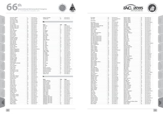 WELCOME
MESSAGES
ORGANISERSPRACTICAL
INFORMATION
CONFERENCE
PROGRAMME
Technical
Programme
STUDENTS&YOUNG
PROFESSIONALS
EVENTS
ASSOCIATED
PROGRAMMES
&EVENTS
EXHIBITIONSOICIALEVENTS
&Technical
TOURS
WELCOME
MESSAGES
ORGANISERSPRACTICAL
INFORMATION
CONFERENCE
PROGRAMME
Technical
Programme
STUDENTS&YOUNG
PROFESSIONALS
EVENTS
ASSOCIATED
PROGRAMMES
&EVENTS
EXHIBITIONSOICIALEVENTS
&Technical
TOURS
AUTHORS’
INDEX
AUTHORS’
INDEX
Pomerantz, William A IAC-15.D2.7.1
Pomeroy, Caleb CA IAC-15.E3.IP.18
Ponomarev, Sergey A IAC-15.A1.IP.5
Pons Lorente, Arnau A IAC-15.C4.IP.22
Pons Lorente, Arnau CA IAC-15.E1.7.11
Pont, Gabriel A IAC-15.A3.3B.5
Pontani, Mauro A IAC-15.C1.4.1
Pontijas Fuentes, Irene CA IAC-15.A6.4.5
Pontijas Fuentes, Irene CA IAC-15.D2.6.2
Pontuschka, Maurício CA IAC-15.C2.3.7
Poole, Trey A IAC-15.D3.1.6
Popov, Alexander CA IAC-15.E2.4.5
Popova, Anfisa CA IAC-15.A1.IP.10
Popova, Rada A IAC-15.E7.IP.2
Porta, Roberto CA IAC-15.A3.4.1
Portelli, Claudio CA IAC-15.A6.IP.28
Porter, Jamie CA IAC-15.A1.5.10
Portigliotti, Stefano CA IAC-15.A3.3A.2
Potapov, Alexander A IAC-15.D5.3.9
Potchter, Danielle CA IAC-15.E1.7.11
Potter, Michael A IAC-15.E6.1.10
Potter, Michael A IAC-15.D4.2.8
Potter, Michael A IAC-15.E7.2.13
POUFFARY, Benoit CA IAC-15.D2.1.4
Poveda, Jorge CA IAC-15.E1.2.5
Povrozin, Anatoliy A IAC-15.A3.IP.16
Powell, Andy CA IAC-15.E1.2.1
Prabhune, Bhagyashree CA IAC-15.E2.3-YPVF.4.9
Prabhune, Bhagyashree CA IAC-15.E2.4.9
Prabhune, Bhagyashree CA IAC-15.C2.9.8
Prabhuraj, D K CA IAC-15.B5.2.5
Prabhuraj, D K A IAC-15.B1.6.6
Pradels, Gregory CA IAC-15.D1.3.1
Prado, Antonio A IAC-15.C1.4.9
Prakash, Arunima CA IAC-15.B4.8.4
Pranajaya, Freddy CA IAC-15.B4.4.9
PRASAD, DURGA CA IAC-15.B4.3.13
Prasad, Sandhya CA IAC-15.D5.3.2
Prasad, Varsha A IAC-15.D5.3.2
Prasad Nagendra, Narayan CA IAC-15.E5.2.3
Pratt, Lucas CA IAC-15.B4.5.3
Praz, Christophe CA IAC-15.B1.2.6
Prazot, Shemi CA IAC-15.A3.IP.3
Preijde, Jasper A IAC-15.C4.6.4
Pretto, Isacco CA IAC-15.D1.IP.12
Preud'homme, Frank A IAC-15.D2.6.5
Preud'homme, Frank CA IAC-15.B4.7.2
Price, Colin A IAC-15.B1.IP.35
Priel, Aviv A IAC-15.E2.1.6
Prieto, Ines A IAC-15.E5.6.3
Prieto Mateo, Manuel CA IAC-15.D1.7.3
Prieto-Llanos, Tomas CA IAC-15.A3.3B.11
Primakov, Pavel CA IAC-15.A3.1.5
Prisk, G. Kim CA IAC-15.A1.3.5
Probst, Alena A IAC-15.D4.1.2
Probst, Alena A IAC-15.A3.IP.15
Probst, Alena CA IAC-15.A3.IP.30
Probst, Alena CA IAC-15.C1.7.4
Procopio, Dorico CA IAC-15.C1.5.10
Pronenko, Vira A IAC-15.B4.2.11
Provin, Laurie CA IAC-15.E5.5.1
Przybilski, Olaf CA IAC-15.A6.3.6
Przyszlak, Marta CA IAC-15.B2.IP.9
Pugliese, Antonio A IAC-15.D1.IP.14
Puimege, Koen CA IAC-15.D2.6.5
Punch, Orla CA IAC-15.E1.7.11
Puntambekar, Priyank CA IAC-15.B2.3.9
Puntambekar, Priyank CA IAC-15.B4.8.4
Punzi, Claudio CA IAC-15.A3.3A.12
Puppe, Frank CA IAC-15.B6.2.5
Purohit, Priyank CA IAC-15.A1.8.5
PUTEAUX, Maxime A IAC-15.E6.1.4
Putzer, Philipp CA IAC-15.D1.2.3
Pyle, Michelle A IAC-15.B1.IP.14
Pálfalvi, József K. CA IAC-15.A1.5.1
Püttmann, Norbert A IAC-15.C4.4.1
Pützfeld, Dirk CA IAC-15.A2.1.6
Q
Name Role Paper
Qedar, Ran A IAC-15.D1.1.3
QI, Feng A IAC-15.D2.IP.5
QI, Feng A IAC-15.C4.7-C3.5.8
Qi, Lei CA IAC-15.C4.9.12
Qi, Wenwen CA IAC-15.B1.IP.27
Qi, ZHONG CA IAC-15.C2.7.4
Qian, Bin CA IAC-15.C3.4.6
Qian, Zhang A IAC-15.C2.IP.51
Qiang, Sheng A IAC-15.A2.4.7
Qiao, Qiao A IAC-15.D1.1.7
Qiao, Qiao CA IAC-15.C1.4.6
Qiao, Qiao CA IAC-15.C1.5.9
QIAO, XINQUAN A IAC-15.C4.IP.28
Qin, Fei CA IAC-15.C4.9.3
Qin, Haibo CA IAC-15.A1.4.4
Qin, Tong A IAC-15.A2.2.10
Qin, Tong CA IAC-15.B4.5.5
Qin, XiaoWei CA IAC-15.D2.IP.11
Qin, Yajie CA IAC-15.C3.4.6
Qin, Yi-Xian A IAC-15.A1.3.6
Qin, Youcai A IAC-15.A1.7.9
Qing, Hengxin CA IAC-15.C2.7.7
Qingjun, Zhang CA IAC-15.C1.IP.8
Qiu, Baogui A IAC-15.A3.2C.5
Qiu, Baogui A IAC-15.A3.2C.6
Qiu, Dongyang A IAC-15.B6.3.13
Qiu, Jia-wen A IAC-15.A2.3.7
Qiu, Jia-wen CA IAC-15.A3.IP.22
Qiu, Jia-wen CA IAC-15.C2.7.4
Qiu, Jia-wen CA IAC-15.A3.2C.10
Qiu, Jia-wen CA IAC-15.D1.6.12
Qiu, Xin CA IAC-15.C4.6.6
QU, Li-peng CA IAC-15.C2.IP.23
Qu, Lina A IAC-15.A1.3.2
Qu, Qiang CA IAC-15.A2.2.9
Qu, Xin A IAC-15.A6.6.10
Quantius, Dominik CA IAC-15.D1.3.5
Quaranta, Alessandro CA IAC-15.A5.3-B3.6.3
Quaranta, Vincenzo A IAC-15.C2.1.10
Quaranta, Vincenzo A IAC-15.C2.IP.33
Quero, Jose M. CA IAC-15.B4.7.9
Quillien, Kevin A IAC-15.B4.2.6
R
Name Role Paper
Rabaioli, Massimo CA IAC-15.D6.3.7
Rabinovich, Leonid CA IAC-15.C4.3.3
Rachkin, Dmitry CA IAC-15.E2.4.5
Rachuy, Carsten CA IAC-15.A3.IP.15
Radice, Gianmarco CA IAC-15.B4.1.6
Radice, Gianmarco CA IAC-15.C2.3.9
Radice, Gianmarco CA IAC-15.C1.5.4
Radice, Gianmarco CA IAC-15.D1.4.7
Radtke, Jonas A IAC-15.A6.2.1
Radtke, Jonas CA IAC-15.A6.8.4
Radu, Silvana CA IAC-15.C2.6.4
Radu, Silvana A IAC-15.B4.6B.3
Radu, Silvana CA IAC-15.C3.4.3
Raghavan, Jeenu CA IAC-15.C4.2.12
Ragupathy, Ajay Prasad A IAC-15.E2.1.2
Ragupathy, Ajay Prasad A IAC-15.E2.3-YPVF.4.5
Ragupathy, Ajay Prasad A IAC-15.E3.3.10
Ragupathy, Ajay Prasad A IAC-15.D4.4.6
Ragupathy, Ajay Prasad A IAC-15.C2.8.9
Ragupathy, Ajay Prasad CA IAC-15.E2.4.6
Rai, Amelia CA IAC-15.B3.3.5
Raj, Baldev CA IAC-15.E3.2.3
Raj, Pavan CA IAC-15.E2.3-YPVF.4.6
Raj, Raunak A
IAC-15.A6.10-
YPVF.5.1
Raj, Raunak CA IAC-15.A3.IP.39
Rajput, Rajendrasing CA IAC-15.A5.2.8
Rajput, Rajendrasing CA IAC-15.E3.IP.3
Rajput, Rajendrasing Uttamsing A IAC-15.B4.6B.13
Ramalingam, Pandiyan CA IAC-15.C1.7.6
Ramanan, R V CA IAC-15.C1.1.9
Ramirez, Sandra A IAC-15.A1.6.2
Ramos, Brian A IAC-15.A1.IP.15
Ramos, Brian A IAC-15.D4.4.7
Ramraj, Santhanakrishnan CA IAC-15.B3.IP.1
Randolph, Thomas CA IAC-15.A3.5.2
Ranera, Franck CA IAC-15.B1.1.8
Rao, Mukund Kadursrinivas CA IAC-15.E3.1.9
Rao, Mukund Kadursrinivas A IAC-15.E3.2.3
Rao, Mukund Kadursrinivas A IAC-15.E3.3.4
Rao, Mukund Kadursrinivas A IAC-15.B5.2.5
Rao, Mukund Kadursrinivas CA IAC-15.B1.6.6
Rao, Muralidhara CA IAC-15.C2.IP.40
Rao, Muralidhara CA IAC-15.E2.4.7
RAO, V LAKSHMANA CA IAC-15.C2.9.11
Raposo, Ana A IAC-15.E3.IP.8
Rarata, Grzegorz A IAC-15.C4.3.9
Rarata, Grzegorz CA IAC-15.D2.7.10
Rarata, Grzegorz A IAC-15.C4.8.4
Rasappu, Nichsan CA IAC-15.E2.3-YPVF.4.6
Rasel, Ernst Maria CA IAC-15.A2.1.4
Rast, Malte CA IAC-15.E6.3.6
Rastelli, Davide CA IAC-15.E1.3.8
Rastelli, Davide CA IAC-15.A6.IP.30
Rastelli, Davide A IAC-15.A6.IP.31
Rastelli, Davide A IAC-15.E6.3.9
Ratcliffe, Andrew CA IAC-15.A6.6.3
Ratheesh, Akash A IAC-15.B2.3.9
Rathi, Umang CA IAC-15.E5.2.3
Rathnasabapathy, Minoo CA IAC-15.E5.6.4
Rathod, Abhijit CA IAC-15.E2.3-YPVF.4.9
Rathod, Abhijit CA IAC-15.E2.4.9
Rathod, Abhijit CA IAC-15.C2.9.8
Ratti, John CA IAC-15.A6.5.4
Raval, Siddharth CA IAC-15.A6.IP.42
Ravandoor, Karthik A IAC-15.A6.IP.37
Raviprasad, Srikanth CA IAC-15.A5.2.10
Raviprasad, Srikanth CA IAC-15.A3.IP.1
Ray, Vishal A IAC-15.B2.1.8
Rayman, Marc D. A IAC-15.A3.4.4
Reali, Marco CA IAC-15.A6.IP.40
REBOLLAR, BLANCA CA IAC-15.E1.6.7
REBUFFAT, Denis A IAC-15.A3.3A.5
Rebuffat, Denis CA IAC-15.A3.IP.28
Rebuffat, Denis CA IAC-15.A3.3B.11
Recanatesi, Luca CA IAC-15.C2.IP.29
Reddy, Ashok CA IAC-15.B1.6.6
Reddy, Rachana CA IAC-15.E5.2.3
Reed, Cheryl CA IAC-15.E3.2.1
Reed, Cheryl L.B. CA IAC-15.A3.4.8
Reeve, James CA IAC-15.B4.6B.10
Reeves, Stephen CA IAC-15.D3.3.5
Regan, Amanda CA IAC-15.B1.1.4
Regnet, Martin CA IAC-15.C2.9.2
Reh, Kim CA IAC-15.A3.5.8
Reid, Ewan A IAC-15.E1.4.1
Reiley, Keith CA IAC-15.A5.1.10
Reill, Josef CA IAC-15.A3.4.6
Reiner, David CA IAC-15.C4.3.3
Reinert, Jessica A IAC-15.E1.4.2
Reinhardt, Bianca A IAC-15.A3.IP.10
Reinhardt, Bianca CA IAC-15.A3.3B.8
Reinhart, Richard A IAC-15.B2.5.6
Reiter, Thomas A IAC-15.B3.1.2
Reitz, Guenther CA IAC-15.A1.5.2
Rekh, Shobha A IAC-15.B4.1.3
Rekhate, Vaibhav CA IAC-15.B4.3.12
Rekhate, Vaibhav CA IAC-15.E2.4.10
Rekleitis, Giorgos CA IAC-15.D1.2.11
Rembala, Richard A IAC-15.A6.5.4
Rembala, Richard A IAC-15.A5.3-B3.6.2
Ren, Chong CA IAC-15.A2.2.9
Ren, Weijia CA IAC-15.C2.5.8
REN, Zhibin CA IAC-15.C2.IP.4
Ren, Zhongjing A IAC-15.C1.5.9
Rendina, Matteo CA IAC-15.D2.5.2
Rendleman, James A IAC-15.E7.4.3
Renno, Nilton CA IAC-15.A3.3B.3
Renotte, Etienne CA IAC-15.B4.2.5
Resta, Pier Domenico CA IAC-15.D2.1.4
Retat, Ingo CA IAC-15.A6.IP.22
Retat, Ingo CA IAC-15.A6.6.3
Reulke, Ralf A IAC-15.B1.3.4
Reulke, Ralf CA IAC-15.B1.3.6
Reuter, James CA IAC-15.A5.1.2
Reveles, Juan CA IAC-15.C2.2.7
Revelin, Bruno CA IAC-15.A6.2.5
Rey, Daniel CA IAC-15.E1.5.3
Rey, Ignacio CA IAC-15.E2.3-YPVF.4.2
Rey, Ignacio CA IAC-15.B3.7.9
Rhyme, Setshedi A IAC-15.E1.8.7
Ricciardi, Sara Cristin CA IAC-15.A4.IP.1
Richard, Muriel CA IAC-15.A6.6.2
RICHARD, Yves CA IAC-15.B2.4.1
RICHARD, Yves CA IAC-15.B2.4.5
RICHARD, Yves CA IAC-15.B2.6.4
RICHARD, Yves CA IAC-15.B2.6.5
RICHARD, Yves CA IAC-15.B4.6A.12
RICHARD, Yves CA IAC-15.B4.6B.9
RICHIELLO, CAMILLO CA IAC-15.D2.6.10
Richter, Martin CA IAC-15.A6.IP.12
Ridzuan, Norul Zakaria CA IAC-15.D6.3.1
Riede, Wolfgang CA IAC-15.A6.IP.3
Rienow, Andreas A IAC-15.E1.2.2
Rievers, Benny CA IAC-15.A2.1.3
Rievers, Benny CA IAC-15.A2.1.6
Riffle, Zachary A IAC-15.C4.IP.1
Riffle, Zachary A IAC-15.E3.IP.16
Rigby, Graham CA IAC-15.B5.1.8
Rigo, Olivier CA IAC-15.C2.8.7
Riley, David A IAC-15.A6.4.5
Rinaldo, Rita CA IAC-15.B5.1.1
Rinalducci, Antonio CA IAC-15.A6.4.2
Rinner, Anita A IAC-15.E7.7-B3.8.5
Rios, Joseph CA IAC-15.D1.4.1
Rippetoe, John A IAC-15.A3.IP.24
Ris, Dmitry CA IAC-15.D1.4.2
Risi, Ben CA IAC-15.B4.3.6
Rispoli, Francesco CA IAC-15.B2.3.6
Ritter, Zully A IAC-15.A1.3.7
Rittweger, Jörn CA IAC-15.A1.2.1
Riva, Stefano CA IAC-15.C3.3.5
Rivera, Cayetano CA IAC-15.A3.5.9
Rivero, Moises A IAC-15.A6.2.9
Riviere, Christophe CA IAC-15.A1.2.5
Rivolta, Aureliano CA IAC-15.D2.3.3
Rivolta, Aureliano A IAC-15.E3.4.6
Rizzi, Francesco CA IAC-15.A3.IP.19
Rmili, Badr CA IAC-15.D2.4.8
Roberts, Christopher CA IAC-15.E3.5-E7.6.6
Roberts, Mark CA IAC-15.C1.7.2
Roberts, Peter CA IAC-15.B4.8.11
Robinson, Jana A IAC-15.E7.4.1
Robinson, Jendai A IAC-15.C2.8.10
Robinson, Julie A. A IAC-15.B3.3.5
Robinson, Kimberly CA IAC-15.D2.8-A5.4.2
Robison, Kathryn A IAC-15.E1.5.5
Rocco, Jose CA IAC-15.C4.IP.56
Rocha Rodrigues de Oliveira, Marta CA IAC-15.E1.7.11
Rochel, Sandrine A IAC-15.D5.3.6
Rochus, Pierre CA IAC-15.C2.8.7
66 th
International Astronautical Congress
12 - 16 October 2015, Jerusalem, Israel
252 253
 