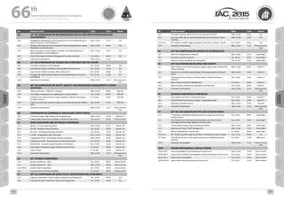WELCOME
MESSAGES
ORGANISERSPRACTICAL
INFORMATION
CONFERENCE
PROGRAMME
Technical
Programme
STUDENTS&YOUNG
PROFESSIONALS
EVENTS
ASSOCIATED
PROGRAMMES
&EVENTS
EXHIBITIONSOICIALEVENTS
&Technical
TOURS
WELCOME
MESSAGES
ORGANISERSPRACTICAL
INFORMATION
CONFERENCE
PROGRAMME
Technical
Programme
STUDENTS&YOUNG
PROFESSIONALS
EVENTS
ASSOCIATED
PROGRAMMES
&EVENTS
EXHIBITIONSOICIALEVENTS
&Technical
TOURS
AUTHORS’
INDEX
AUTHORS’
INDEX
Nr. Session name Date Time Room
D3 13th
IAA SYMPOSIUM ON BUILDING BLOCKS FOR FUTURE SPACE EXPLORATION AND
DEVELOPMENT
D3.1 Strategies & Architectures as the Framework for Future Building Blocks in
Space Exploration and Development
Mon, 12 Oct 15:15 312
D3.2 Systems and Infrastructures to Implement Future Building Blocks in Space
Exploration and Development
Wed, 14 Oct 09:45 312
D3.3 Novel Concepts and Technologies to Enable Future Building Blocks in
Space Exploration and Development
Mon, 12 Oct 16:45 312
D3.4 Space Technology and System Management Practices and Tools Fri, 16 Oct 09:45 312
D3.IP Interactive Presentations Wed, 14 Oct 13:15
D4 13th
IAA SYMPOSIUM ON VISIONS AND STRATEGIES FOR THE FUTURE
D4.1 Innovative Concepts and Technologies Tue, 13 Oct 09:45 312
D4.2 Contribution of Space Activities to Solving Global Societal Issues Tue, 13 Oct 14:45 312
D4.3 Space Elevator Tether and Space Mineral Resources Thu, 15 Oct 09:45 312
D4.4 Strategies for Rapid Implementation of Interstellar Missions: Precursors
and Beyond
Thu, 15 Oct 14:45 312
D4.IP Interactive Presentations Wed, 14 Oct 13:15 Plasma Screens
Area
D5 48th
IAA SYMPOSIUM ON SAFETY, QUALITY AND KNOWLEDGE MANAGEMENT IN SPACE
ACTIVITIES
D5.1 Safety and quality: "SUCCESS" is the goal Wed, 14 Oct 09:45 302-303
D5.2 Knowledge management and collaboration in space activities Thu, 15 Oct 09:45 302-303
D5.3 Prediction and measurements of space weather conditions and impacts
on space missions
Fri, 16 Oct 09:45 302-303
D5.4 Cyber-security threats to space missions and countermeasures to address
them
Thu, 15 Oct 14:45 302-303
D5.IP Interactive Presentations Wed, 14 Oct 13:15 Plasma Screens
Area
D6 SYMPOSIUM ON COMMERCIAL SPACEFLIGHT SAFETY ISSUES
D6.1 Commercial Space Flight Safety and Emerging Issues Wed, 14 Oct 14:45 Ballroom A
D6.3 Enabling safe commercial spaceflight: vehicles and spaceports Thu, 15 Oct 09:45 Kerem Carmit
E1 SPACE EDUCATION AND OUTREACH SYMPOSIUM
E1.1 Ignition - Primary Space Education Mon, 12 Oct 15:15 Oranim 3-B
E1.2 Lift-Off - Secondary Space Education Tue, 13 Oct 09:45 Oranim 3-B
E1.3 On Track - Undergraduate Space Education Tue, 13 Oct 14:45 Oranim 3-B
E1.4 In Orbit - Postgraduate Space Education Wed, 14 Oct 09:45 Oranim 3-B
E1.5 Enabling the Future - Developing the Space Workforce Wed, 14 Oct 14:45 Oranim 3-B
E1.6 Calling Planet Earth - Space Outreach to the General Public Thu, 15 Oct 09:45 Oranim 3-B
E1.7 New Worlds - Innovative Space Education and Outreach Thu, 15 Oct 14:45 Oranim 3-B
E1.8 Open Space: Participatory Space Education and Outreach Fri, 16 Oct 09:45 Oranim 3-B
E1.9 Space Culture Fri, 16 Oct 13:30 Oranim 3-B
E1.IP Interactive Presentations Wed, 14 Oct 13:15 Plasma Screens
Area
E2 45th
STUDENT CONFERENCE
E2.1 Student Conference - Part 1 Tue, 13 Oct 09:45 Kerem Carmit
E2.2 Student Conference - Part 2 Wed, 14 Oct 09:45 Kerem Carmit
E2.3-YPVF.4 Student Team Competition Tue, 13 Oct 14:45 Kerem Carmit
E2.4 Educational Pico and Nano Satellites Fri, 16 Oct 09:45 Kerem Carmit
E3 28th
IAA SYMPOSIUM ON SPACE POLICY, REGULATIONS AND ECONOMICS
E3.1 Regional cooperation in space: policies, governance and legal tools Tue, 13 Oct 09:45 313
E3.2 International Space Exploration Policies and Programmes Tue, 13 Oct 14:45 313
Nr. Session name Date Time Room
E3.3 The space economy: what are the socio-economic impacts? Wed, 14 Oct 09:45 313
E3.4 Assuring a Safe, Secure, and Sustainable Space Environment for Space
Activities
Wed, 14 Oct 14:45 313
E3.5-E7.6 30th
IAA/IISL Scientific-Legal Roundtable: Universities as Actors in Space Thu, 15 Oct 09:45 313
E3.IP Interactive Presentations Wed, 14 Oct 13:15 Plasma Screens
Area
E4 49th
IAA SYMPOSIUM ON HISTORY OF ASTRONAUTICS
E4.1 Memoirs & organisational histories Mon, 12 Oct 15:15 Dulzin Big A
E4.2 Scientific & technical histories Thu, 15 Oct 09:45 Dulzin Big A
E4.3 History of Israeli contribution to astronautics Thu, 15 Oct 14:45 Dulzin Big A
E5 26th
IAA SYMPOSIUM ON SPACE AND SOCIETY
E5.1 Space Architecture: technical aspects, design, engineering, concepts and
mission planning
Wed, 14 Oct 09:45 Oranim 2
E5.2 Models for Successfully Applying Space Technology Beyond Its Original
Intent
Wed, 14 Oct 14:45 Oranim 2
E5.4 Contemporary Arts Practice and Outer Space: A Multi-Disciplinary
Approach
Thu, 15 Oct 14:45 Oranim 2
E5.5 Space Assets and Disaster Management Fri, 16 Oct 09:45 Oranim 2
E5.6 Space Societies, Professional Associations and Museums Thu, 15 Oct 09:45 Oranim 2
E5.IP Interactive Presentations Wed, 14 Oct 13:15 Plasma Screens
Area
E6 BUSINESS INNOVATION SYMPOSIUM
E6.1 Case Studies and Prizes in Commercial Space Tue, 13 Oct 09:45 Oranim 4
E6.2 Public/Private Human Access to Space - Supporting Studies Tue, 13 Oct 14:45 Oranim 4
E6.3 New Space and New Science Wed, 14 Oct 14:45 302-303
E6.IP Interactive Presentations Wed, 14 Oct 13:15 Plasma Screens
Area
E7 58th
IISL COLLOQUIUM ON THE LAW OF OUTER SPACE
E7.1 7th
Nandasiri Jasentuliyana Keynote Lecture on Space Law and Young
Scholars Session
Tue, 13 Oct 09:45 Dulzin Big A
E7.2 The relationship of international humanitarian law and territorial
sovereignty with the legal regulation of outer space
Tue, 13 Oct 14:45 Dulzin Big A
E7.3 The portrayal of Space (Law) in Media and Movies Wed, 14 Oct 09:45 Dulzin Big A
E7.4 Legal Issues of Space Traffic Management Wed, 14 Oct 14:45 Dulzin Big A
E7.5 Recent Developments in Space Law Fri, 16 Oct 09:45 Dulzin Big A
E7.6-E3.5 30th
IAA/IISL Scientific-Legal Round Table: Universities as Actors in Space Thu, 15 Oct 09:45 313
E7.7-B3.8 Joint IAF-IISL Session on the Legal Framework for Collaborative Space
Activities
Fri, 16 Oct 13:30 Ballroom A
E7.IP Interactive Presentations Wed, 14 Oct 13:15 Plasma Screens
Area
YPVF YOUNG PROFESSIONAL VIRTUAL FORUM
YPVF.2-B3.9 Human Spaceflight Young Professional Virtual Forum Wed, 14 Oct 14:45 Kerem Carmit
YPVF.3-B2.8 Space Communications and Navigation Young Professionals Virtual Forum Thu, 15 Oct 14:45 Kerem Carmit
YPVF.4-E2.3 Student Team Competition Tue, 13 Oct 14:45 Kerem Carmit
YPVF.5-A6.10 Space Debris Young Professionals Virtual Forum Fri, 16 Oct 15:15 Kerem Carmit
66 th
International Astronautical Congress
12 - 16 October 2015, Jerusalem, Israel
72 73
 