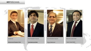 KEYPERSONNEL
Chairman
Muhammad Nadeem Khan
Vice President Imports
Tariq Mahmood Mian
Vice President Exports
Hasen Mahmoud Capt. Anwar Karim
Director Cold Chain
 
