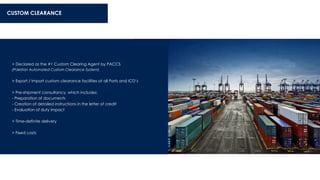 > Declared as the #1 Custom Clearing Agent by PACCS
(Pakistan Automated Custom Clearance System)
> Export / Import custom clearance facilities at all Ports and ICD’s
> Pre-shipment consultancy, which includes:
- Preparation of documents
- Creation of detailed instructions in the letter of credit
- Evaluation of duty impact
> Time-definite delivery
> Fixed costs
CUSTOM CLEARANCE
 