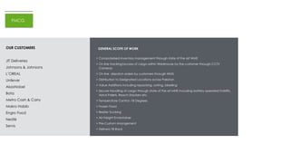PROJECTS
FMCG
GENERAL SCOPE OF WORK
> Computerised inventory management through state of the art WMS
> On line tracking/access of cargo within Warehouse by the customer through CCTV
Cameras
> On line dispatch orders by customers through WMS
> Distribution to Designated Locations across Pakistan
> Value Additions including repacking, sorting, labelling
> Secure Handling of cargo through state of the art MHE including battery operated Forklifts,
Hand Pallets, Reach Stackers etc
> Temperature Control -18 Degrees
> Frozen Food
> Reefer Trucking
> Air Freight Envirotainer
> Pre-Custom Arrangement
> Delivery Till Rack
OUR CUSTOMERS
JIT Deliveries
Johnsons & Johnsons
L’OREAL
Unilever
AkzoNobel
Bata
Metro Cash & Carry
Makro Habib
Engro Food
Nestlé
Servis
 