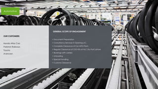 PROJECTS
Automotive
GENERAL SCOPE OF ENGAGEMENT
> Document Preparation
> Consultancy Services in Opening L/C.
> Complete Clearance of Car MFG Plant.
> Regular Clearance of CKD Kits at NLC Dry Port Lahore
> Bookings with carriers
> Unloading
> Special handling
> Customs Clearance
OUR CUSTOMERS
Honda Atlas Cars
Pakistan Railways
Toyota
Avencion
 