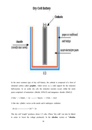 16
In the most common type of dry cell battery, the cathode is composed of a form of
elemental carbon called graphite, which serves as a solid support for the reduction
half-reaction. In an acidic dry cell, the reduction reaction occurs within the moist
paste comprised of ammonium chloride (NH4Cl) and manganese dioxide (MnO2):
2 NH4
+ + 2 MnO2 + 2e- ------> Mn2O3 + 2 NH3 + H2O
A thin zinc cylinder serves as the anode and it undergoes oxidation:
Zn (s) ---------------> Zn+2 + 2e-
This dry cell "couple" produces about 1.5 volts. (These "dry cells" can also be linked
in series to boost the voltage produced). In the alkaline version or "alkaline
 