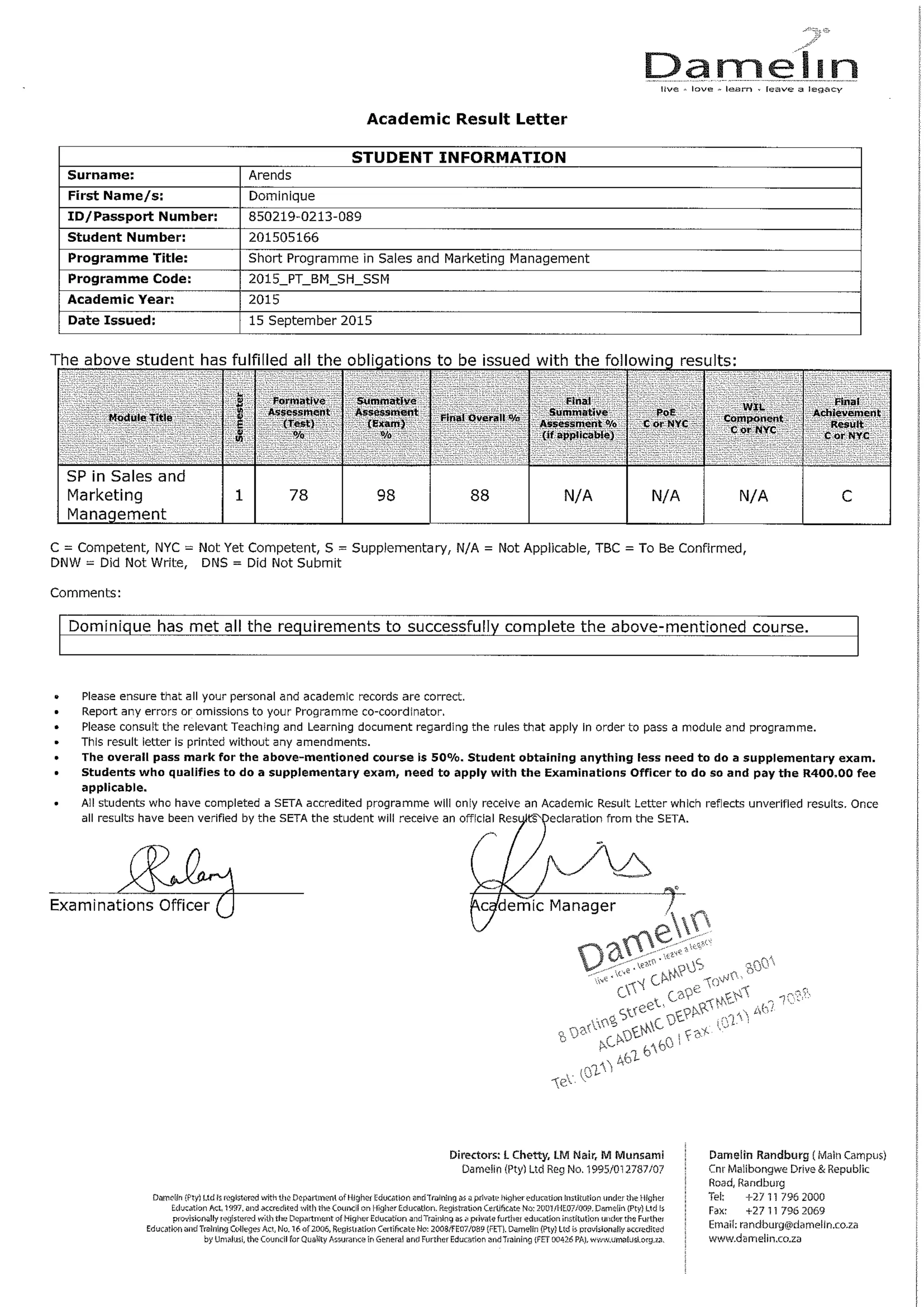 Damelin Certificate | PDF