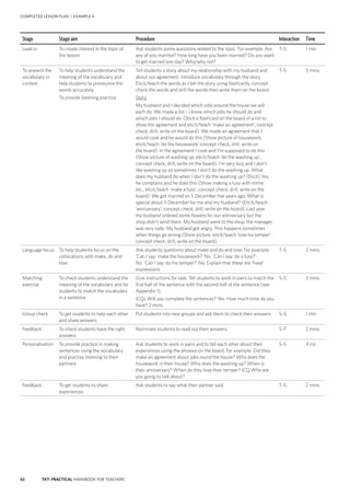 42 TKT: PRACTICAL HANDBOOK FOR TEACHERS
COMPLETED LESSON PLAN | EXAMPLE 4
Stage Stage aim Procedure Interaction Time
Lead in To create interest in the topic of
the lesson
Ask students some questions related to the topic. For example: Are
any of you married? How long have you been married? Do you want
to get married one day? Why/why not?
T–S 1 min
To present the
vocabulary in
context
To help students understand the
meaning of the vocabulary and
help students to pronounce the
words accurately
To provide listening practice
Tell students a story about my relationship with my husband and
about our agreement. Introduce vocabulary through the story.
Elicit/teach the words as I tell the story using flashcards, concept
check the words and drill the words then write them on the board.
Story
My husband and I decided which jobs around the house we will
each do. We made a list – I know which jobs he should do and
which jobs I should do. (Stick a flashcard on the board of a list to
show the agreement and elicit/teach ‘make an agreement’, concept
check, drill, write on the board). We made an agreement that I
would cook and he would do this (Show picture of housework,
elicit/teach ‘do the housework’ concept check, drill, write on
the board). In the agreement I cook and I’m supposed to do this
(Show picture of washing up, elicit/teach ‘do the washing up’,
concept check, drill, write on the board). I’m very lazy and I don’t
like washing up so sometimes I don’t do the washing up. What
does my husband do when I don’t do the washing up? (Elicit) Yes,
he complains and he does this (Show making a fuss with mime
etc., elicit/teach ‘make a fuss’, concept check, drill, write on the
board). We got married on 5 December five years ago. What is
special about 5 December for me and my husband? (Elicit/teach
‘anniversary’, concept check, drill, write on the board). Last year
my husband ordered some flowers for our anniversary but the
shop didn’t send them. My husband went to the shop, the manager
was very rude. My husband got angry. This happens sometimes
when things go wrong (Show picture, elicit/teach ‘lose his temper’,
concept check, drill, write on the board).
T–S 5 mins
Language focus To help students focus on the
collocations with make, do and
lose
Ask students questions about make and do and lose. For example,
‘Can I say: make the housework?’ No. ‘Can I say: do a fuss?’.
No. ‘Can I say: do his temper?’ No. Explain that these are ‘fixed’
expressions.
T–S 2 mins
Matching
exercise
To check students understand the
meaning of the vocabulary and for
students to match the vocabulary
in a sentence
Give instructions for task. Tell students to work in pairs to match the
first half of the sentence with the second half of the sentence (see
Appendix 1).
ICQs Will you complete the sentences? Yes. How much time do you
have? 2 mins.
S–S 3 mins
Group check To get students to help each other
and share answers
Put students into new groups and ask them to check their answers. S–S 1 min
Feedback To check students have the right
answers
Nominate students to read out their answers. S–T 2 mins
Personalisation To provide practice in making
sentences using the vocabulary
and practise listening to their
partners
Ask students to work in pairs and to tell each other about their
experiences using the phrases on the board. For example: Did they
make an agreement about jobs round the house? Who does the
housework in their house? Who does the washing up? When is
their anniversary? When do they lose their temper? ICQ Who are
you going to talk about?
S–S 4 ins
Feedback To get students to share
experiences
Ask students to say what their partner said. T–S 2 mins
 