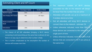 Estimating Client and AP Count
Assumptions Percentage of Uptake Number of Clients
Maximum capacity 100% 189
Users bringing a Wi-Fi device 99% 187 (Appx.)
Devices connected to the
WLAN
>99% 748.44 ~ 750
Active devices >99% 750
• The chance of all 189 attendees bringing a Wi-Fi device,
connecting it and transmitting at the same time is almost nil; but
there is no easy way to determine what number is likely
• This is further complicated by the assumption the number of
devices will increase over time
 The maximum number of Wi-Fi devices
associated but idle on the network will always
be lesser than the number that are active
 Attendees will typically use up to a maximum of
4 wireless device at a time
 Not all attendees will bring Wi-Fi devices or
connect them to the network - estimate 1%
 Unless otherwise indicated, more than 99% of
these devices are connected to the network at a
single point of time
 Unless otherwise indicated, more than 99% of all
devices that are connected to Wi-Fi are active at
the same time
 