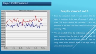Project Implementation
Delay for scenario 1 and 2:
• From the simulation result, we can analyze that the
delay is maximum in the case of scenario 1 which is
when 750 active devices are accessing 2 APs and
minimum in the other case when 750 active devices are
accessing 7 APs
• We can conclude from the performance analysis that
delay increases when the load is high on a single AP
instead when the load is balanced amongst 7 Aps, the
delay seems to be balanced better in the high density
areas of the lecture theatre
 