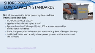 SHORE POWER:
LOW CAPACITY STANDARDS
• Not all low capacity shore power systems adhere to an
international standard
−IEC/ISO/IEEE 80005-3:2014a
−Applies to installations up to 1 MW
−Systems less than 250 amps (A) and 300 V are not covered by
international standards
−Some European ports adhere to this standard e.g. Port of Bergen, Norway
−No United States low capacity shore power systems are known to meet
this standard
a http://www.iso.org/iso/catalogue_detail.htm?csnumber=64718
5
 