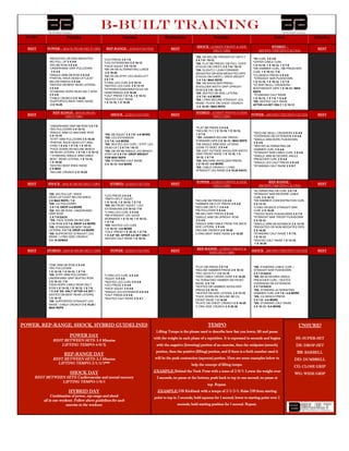 Sunday Monday Tuesday Wednesday Thursday Friday Saturday
REST POWER - (BACK/REAR DELT/ABS) REP-RANGE - (LEGS/CALVES) REST
SHOCK - (CHEST/FRONT & SIDE
DELT/ABS)
HYBRID -
(BICEPS/TRICEPS/CALVES)
REST
REST
REP-RANGE - (BACK/REAR
DELT/ABS)
SHOCK - (LEGS/CALVES) REST
HYBRID - (CHEST/FRONT & SIDE
DELT/ABS)
POWER - (BICEPS/TRICEPS/CALVES) REST
REST SHOCK - (BACK/REAR DELT/ABS) HYBRID - (LEGS/CALVES) REST
POWER - (CHEST/FRONT & SIDE
DELT/ABS)
REP-RANGE -
(BICEPS/TRICEPS/CALVES)
REST
REST HYBRID - (BACK/REAR DELT/ABS) POWER - (LEGS/CALVES) REST
REP-RANGE - (CHEST/FRONT &
SIDE DELT/ABS)
SHOCK - (BICEPS/TRICEPS/CALVES) REST
B-BUILT TRAINING
*WEIGHTED OR NON-WEIGHTED
WG PULL UP 3 X 4-6
*WG BB ROW 3 X 4-6
*UNDERHAND GRIP PULLDOWN
3 X 4-6
*SINGLE ARM DB ROW 3 X 4-6
*PARTIAL RACK DEAD-LIFT(JUST
BELOW KNEES) 3 X 4-6
*SEATED DB BENT REAR LATERAL
3 X 4-6
*STANDING ROPE REAR DELT ROW
3 X 4-6
*CABLE CRUNCH 2 X 16-20
*SUPPORTED BENT KNEE RAISE
2 X 16-20
*LEG PRESS 3 X 7-9
*LEG EXTENSIONS 2 X 10-12
*HACK SQUAT 3 X 13-15
*BB OR DB ALTERNATING LUNGE
2 X 16-20
*BB OR DB STIFF LEG DEAD-LIFT
3 X 7-9
*LYING LEG CURL 2 X 10-12
*SEATED LEG CURL 2 X 13-15
*HYPEREXTENSIONS(FOCUS ON
HAMSTRINGS) 2 X 16-20
*CALF PRESS 1 X 7-9, 1 X 10-12
*SEATED CALF RAISE
1 X 13-15, 1 X 16-20
*SS: DB INCLINE PRESS/FLAT DB FLY
2 X 7-9 / 10-12
*SS: FLAT BB PRESS / DB PULL OVER
(FOCUS ON CHEST) 2 X 7-9 / 10-12
*DS: SLIGHTLY LEAN FORWARD
WEIGHTED OR NON-WEIGHTED DIPS
(FOCUS ON CHEST) / DROP WEIGHT
2 X 7-9 / MAX REPS
*SS: DB SHOULDER PRESS /
SHOULDER WIDTH GRIP UPRIGHT
ROW 2 X 7-9 / 10-12
*DS: SEATED DB SIDE LATERAL
2 X 7-9 / 4-6 MORE
*SS: LYING INCLINE STRAIGHT LEG
RAISE / PLATE ON CHEST CRUNCH
2 X 16-20 / MAX REPS
*BB CURL 3 X 4-6
*UPPER CABLE CURL
1 X 13-15, 1 X 10-12, 1 X 7-9
*DB HAMMER CURL / BB PREACHER
CURL 1 X 10-12 / 7-9
*CG BENCH PRESS 3 X 4-6
*STRAIGHT BAR PUSHDOWN
1 X 13-15, 1 X 10-12, 1 X 7-9
*EZ BAR SKULL CRUSHERS /
BODYWEIGHT DIPS 1 X 10-12 / MAX
REPS
*STANDING CALF RAISE
1 X 10-12, 1 X 7-9, 1 X 4-6*
*SS: SEATED CALF RAISE
AFTER 4-6 SET ONLY 1 X 10-12
*UNDERHAND GRIP BB ROW 3 X 7-9
*WG PULLDOWN 3 X 10-12
*SINGLE ARM CG MACHINE ROW
3 X 13-15
*STIFF ARM PULLDOWN 3 X 16-20
*PARTIAL RACK DEAD-LIFT (MID-
CHIN) 1 X 4-6, 1 X 7-9, 1 X 10-12
*FACE DOWN ON INCLINE BENCH
DB REAR LATERAL 1 X 7-9, 1 X 10-12
* STANDING SINGLE ARM CABLE
BENT REAR LATERAL 1 X 13-15,
1 X 16-20
*SEATED BENT KNEE RAISE
2 X MAX
*INCLINE CRUNCH 2 X 16-20
*DS: BB SQUAT 2 X 7-9 / 4-6 MORE
*DS: LEG EXTENSION
2 X 7-9 / 4-6 MORE
*SS: SEATED LEG CURL / STIFF LEG
DEAD-LIFT 2 X 7-9 / 10-12
*DS: DB OR BB SINGLE LEG BENCH
STEP UP 2 X 7-9 / DROP WEIGHT
FOR MAX REPS
*DS: STANDING CALF RAISE
2 X 10-12 / 6-8 MORE
*FLAT BB PRESS 3 X 4-6
*INCLINE FLY 1 X 13-15, 1 X 10-12,
1 X 7-9
*SS: HAMMER INCLINE PRESS /
FORWARD DIPS 3 X 10-12 / MAX REPS
*DB SINGLE ARM SIDE LATERAL
(LEAN TO SIDE) 2 X 4-6
*BB JUST OUTSIDE SHOULDER WIDTH
GRIP FRONT RAISE 1 X 13-15, 1 X
10-12, 1 X 7-9
*DS: MACHINE SHOULDER PRESS
1 X 10-12 / 4-6 MORE
*SS: CABLE CRUNCH / LYING
STRAIGHT LEG RAISE 2 X 16-20 EACH
*DECLINE SKULL CRUSHERS 3 X 4-6
*OVERHEAD DB EXTENSION 3 X 4-6
*SINGLE ARM ROPE PUSHDOWN
2 X 4-6
*SEATED ALTERNATING DB
HAMMER CURL 3 X 4-6
*STRAIGHT BAR CABLE CURL 3 X 4-6
*SINGLE ARM 90 DEGREE ANGLE
PREACHER CURL 2 X 4-6
*SINGLE LEG CALF PRESS 2 X 4-6
*STANDING CALF RAISE 2 X 5-7
*SS: WG PULLUP / RACK
DEAD-LIFT(JUST BELOW KNEE)
3 X MAX REPS / 7-9
*DS: CG PULLDOWN
2 X 7-9, DROP 4-6 MORE
*SS: WG BB ROW / UNDERHAND
GRIP ROW
2 X 7-9 EACH
*DS: FACE DOWN ON INCLINE
2 DB ROW 2 X 7-9, DROP 4-6 MORE
*DS: STANDING DB BENT REAR
LATERAL 3 X 7-9, DROP 4-6 MORE
*SS: SUPPORTED STRAIGHT LEG
RAISE / LYING SIDE CRUNCH
2 X 16-20/MAX
*LEG PRESS 3 X 4-6
*SMITH SPLIT SQUAT
1 X 13-15, 1 X 10-12, 1 X 7-9
*SS: BB FRONT SQUAT / LEG
EXTENSIONS 2 X 10-12 / 7-9
*LYING LEG CURL 3 X 4-6
*BB STRAIGHT LEG GOOD
MORNINGS 1 X 13-15, 1 X 10-12,
1 X 7-9
*DS: SEATED LEG CURL
1 X 10-12 / 4-6 MORE
*CALF PRESS 1 X 10-12, 1 X 7-9,
1 X 4-6* SS: AFTER 4-6 SET ONLY
SEATED CALF RAISE 1 X 10-12
*INCLINE BB PRESS 3 X 4-6
*HAMMER DB FLAT PRESS 3 X 4-6
*DECLINE DB FLY 3 X 4-6
*DB PULLOVER 3 X 4-6
*BB MILITARY PRESS 2 X 4-6
*SINGLE ARM DB UPRIGHT ROW
2 X 4-6
*SINGLE ARM CABLE FROM THE BACK
SIDE LATERAL 2 X 4-6
*INCLINE CRUNCH 2 X 16-20
*LYING BENT KNEE RAISE 2 X 16-20
*ALTERNATING DB CURL 2 X 7-9
*STRAIGHT BAR REVERSE CABLE
CURL 2 X 10-12
*DB HAMMER CONCENTRATION CURL
2 X 13-15
*LYING ON BACK STRAIGHT BAR
CURL 2 X 16-20
*TRICEP ROPE PUSHDOWNS 2 X 7-9
*STRAIGHT BAR TRICEP PUSHDOWN
2 X 10-12
*SINGLE ARM DB KICKBACK 2 X 13-15
*WEIGHTED OR NON-WEIGHTED DIPS
2 X 16-20
*STANDING CALF RAISE 1 X 7-9,
1 X 10-12
*SEATED CALF RAISE 1 X 13-15,
1 X 16-20
*ONE ARM DB ROW 3 X 4-6
*WG PULLDOWN
1 X 13-15, 1 X 10-12, 1 X 7-9
*SS: STIFF ARM PULLDOWN /
UNDERHAND GRIP SEATED ROW
3 X 10-12 / 7-9
*HIGH ROPE CABLE REAR DELT
ROW 1 X 13-15, 1 X 10-12, 1 X 7-9,
1 X 4-6* SS: ONLY AFTER 4-6 SET /
SEATED DB BENT REAR LATERAL
1 X 10-12
*SS: SUPPORTED STRAIGHT LEG
RAISE / CABLE CRUNCH 3 X 16-20 /
MAX REPS
*LYING LEG CURL 4 X 4-6
*SQUAT 4 X 4-6
*SEATED LEG CURL 4 X 4-6
*LEG PRESS 3 X 4-6
*HACK SQUAT 2 X 4-6
*SINGLE LEG EXTENSION 4 X 4-6
*CALF PRESS 2 X 4-6
*SEATED CALF RAISE 2 X 5-7
*FLAT DB PRESS 3 X 7-9
*INCLINE HAMMER PRESS 3 X 10-12
*PEC DECK FLY 3 X 13-15
*HIGH CABLE CROSS OVER 3 X 16-20
*ALTERNATING HAMMER DB FRONT
RAISE 2 X 7-9
*SEATED DB HAMMER SHOULDER
PRESS 2 X 10-12
*SEATED DB SIDE LATERAL 2 X 13-15
*FACE DOWN ON INCLINE BB CG
FRONT RAISE 1 X 16-20
*PLATE ON CHEST CRUNCH 2 X 16-20
*LYING SIDE CRUNCH 2 X 25-30
*SS: STANDING CABLE CURL /
STRAIGHT BAR PUSHDOWN
2 X 7-9 EACH
*SS: BB 90 DEGREE ANGLE
PREACHER CURL / SEATED
OVERHEAD DB EXTENSION
2 X 7-9 EACH
*DS: STANDING ALTERNATING
HAMMER CURL 2 X 7-9 / 4-6 MORE
*DS: CG BENCH PRESS
2 X 7-9 / 4-6 MORE
*DS: STANDING CALF RAISE
2 X 10-12 / 6-8 MORE
POWER, REP-RANGE, SHOCK, HYBRID GUIDELINES
POWER DAY
REST BETWEEN SETS: 3-5 Minutes
LIFTING TEMPO: 4/0/X
REP-RANGE DAY
REST BETWEEN SETS: 2-3 Minutes
LIFTING TEMPO: 2/1/2/1***
SHOCK DAY
REST BETWEEN SETS: Cardiovascular and mental recovery
LIFTING TEMPO: 1/0/1
HYBRID DAY
Combination of power, rep-range and shock
all in one workout. Follow above guidelines for each
exercise in the workout.
TEMPO
Lifting Tempo is the phrase used to describe how fast you lower, lift and pause
with the weight in each phase of a repetition. It is expressed in seconds and begins
with the negative (lowering) portion of an exercise, then the midpoint (stretch)
portion, then the positive (lifting) portion, and if there is a forth number used it
will be the peak contraction (squeeze) portion. Here are some examples below to
help the concept of lifting tempo.
EXAMPLE: Behind the Neck Press with a temo of 2/0/1: Lower the weight over
2 seconds; no pause at the bottom; push back to top in one second; no pause at
top. Repeat.
EXAMPLE: DB Kickback with a tempo of 2/1/2/1: Raise DB from starting
point to top in 2 seconds; hold squeeze for 1 second; lower to starting point over 2
seconds; hold starting position for 1 second. Repeat.
UNSURE?
SS: SUPER-SET
DS: DROP-SET
BB: BARBELL
DD: DUMBBELL
CG: CLOSE GRIP
WG: WIDE GRIP
 