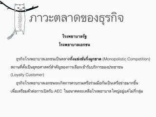 ธุรกิจโรงพยาบาลเอกชนเป็นตลาดกึ่งแข่งขันกึ่งผูกขาด (Monopolistic Competition)
สถานที่ตั้งเป็นยุทธศาสตร์สำคัญของการเลือกเข้ารับบริการของประชาชน
(Loyalty Customer)
โรงพยาบาลรัฐ
โรงพยาบาลเอกชน
ธุรกิจโรงพยาบาลเอกชนจะเกิดการควบรวมหรือร่วมมือกันเป็นเครือข่ายมากขึ้น
เพื่อเตรียมตัวต่อการเปิดรับ AEC ในอนาคตจะเหลือโรงพยาบาลใหญ่อยู่แค่ไม่กี่กลุ่ม
ภาวะตลาดของธุรกิจ
 