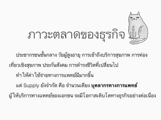ประชากรชนชั้นกลาง วัยผู้สูงอายุ การเข้าถึงบริการสุขภาพ การท่อง
เที่ยวเชิงสุขภาพ ประกันสังคม การดำรงชีวิตที่เปลี่ยนไป
ทำให้ค่าใช้จ่ายทางการแพทย์มีมากขึ้น
แต่ Supply ยังจำกัด คือ จำนวนเตียง บุคลากรทางการแพทย์
ผู้ให้บริการทางแพทย์ของเอกชน จะมีโอกาสเติบโตทางธุรกิจอย่างต่อเนื่อง
ภาวะตลาดของธุรกิจ
 