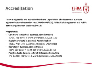 TSiBA is registered and accredited with the Department of Education as a private
higher education institution (No: 2007/HE08/001). TSiBA is also registered as a Public
Benefit Organisation (No: 930014613).
Programmes
• Certificate in Practical Business Administration
(CPBA) NQF Level 4, worth 140 credits. SAQA 61595
• Higher Certificate in Business Administration
(HCBA) NQF Level 5, worth 130 credits. SAQA 84186
• Bachelor in Business Administration
(BBA) NQF Level 7, worth 369 credits. SAQA 61469
• Post Graduate diploma in Small Enterprise Consulting
(PG dip SEC) NQF Level 8, worth 120 credits. SAQA 90822
Accreditation
 