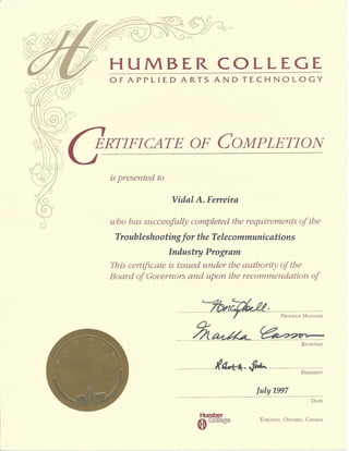 Tony Ferreira - Humber College - Certificate