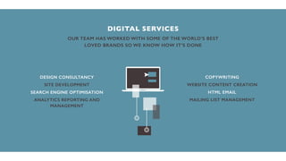 DIGITAL SERVICES
OUR TEAM HAS WORKED WITH SOME OF THE WORLD’S BEST
LOVED BRANDS SO WE KNOW HOW IT’S DONE
DESIGN CONSULTANC...