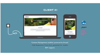 CLIENT #1
Content Management enabled, powered by Drupal.
Fully Responsive Front-End, optimised for mobile.
IE9+ support.
 