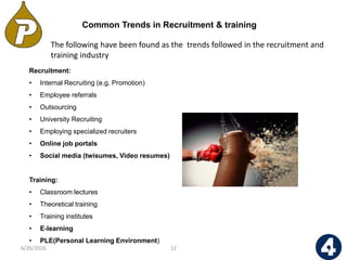 Common Trends in Recruitment & training
The following have been found as the trends followed in the recruitment and
training industry
Recruitment:
• Internal Recruiting (e.g. Promotion)
• Employee referrals
• Outsourcing
• University Recruiting
• Employing specialized recruiters
• Online job portals
• Social media (twisumes, Video resumes)
Training:
• Classroom lectures
• Theoretical training
• Training institutes
• E-learning
• PLE(Personal Learning Environment)
126/26/2016
 