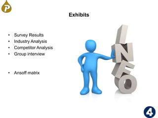 Exhibits
• Survey Results
• Industry Analysis
• Competitor Analysis
• Group interview
• Ansoff matrix
31
 