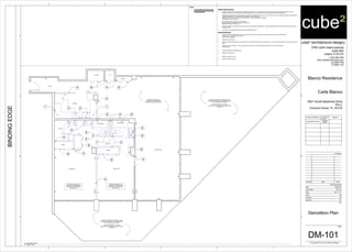 TV
TV
TV
4
CLOSET A/C
CLOSET
KITCHEN
LIVING ROOM
BEDROOM 2BEDROOM 1
BATHROOM 1
BATHROOM 2
CLOSET
CLOSET
CLOSET
HALLWAY
FOYER
4
4
4
4
4
4 4
4
5
5
66
3 2
11
8
8
8
8
8
8
7
88
EXISTING EXTERIOR FLOORING TO BE
REMOVED AND REPLACE WITH MIAMI-DADE
N.O.A APPROVED FLOORING
NEW EXTERIOR TILE TO HAVE
SEALOFLEX TILE UNDERLAYMENT SYSTEM
OR EQUAL
EXISTING INTERIOR TILE
FLOORING TO BE REMOVED
AND REPLACED WITH NEW TILE
EXISTING INTERIOR TILE
FLOORING TO BE REMOVED
AND REPLACED WITH NEW
WOOD FLOOR
EXISTING INTERIOR TILE
FLOORING TO BE REMOVED
AND REPLACED WITH NEW
WOOD FLOOR
4
EXISTING EXTERIOR FLOORING TO BE
REMOVED AND REPLACE WITH MIAMI-DADE
N.O.A APPROVED FLOORING
NEW EXTERIOR TILE TO HAVE
SEALOFLEX TILE UNDERLAYMENT SYSTEM
OR EQUAL
cube² (architecture+design)
2700 north miami avenue
suite 804
miami, fl 33127
t: 305.586.8169
www.cube2architecture.com
aa-26001789
ib-26001134
BINDINGEDGE
Design Professional FL License
Number
Signature
Jorge Alberto Pernas
AR92904
ID5632
Revisions
Sheet Information
DateIssueNumber
Date
Job Number
Scale
Drawn
Checked
Approved
Title
Sheet
© Copyright 2012 cube² (architecture+design)
12345
12345
A
B
C
A
B
C
D
2901 South Bayshore Drive
PH-C
Coconut Grove, FL 33133
3/8" = 1'-0"
Blanco Residence
Carla Blanco
2012_35
SM
JAP
JAP
10/26/2012
DM-101
Demolition Plan
GENERAL DEMOLTION NOTES:
1. WHERE EXISTING SERVICES SUCH AS PLUMBING, ELECTRICAL, ETC. ARE AFFECTED BY DEMOLITION WORK, SUCH AS REMOVAL OF AN
EXISTING PARTITION, THE SERVICES SHALL BE REMOVED TO A POINT WHERE THEY CAN BE CAPPED AND TERMINATED.
2. WHERE NEW FINISHES ARE SCHEDULED FOR EXISTING OR RENOVATED SPACES, THE CONTRACTOR SHALL REMOVE EXISTING FINISHES AND
PREPARE SUBSTRATES TO RECEIVE NEW FINISHES. PREPARATION OF
SUBSTRATES SHALL INCLUDE BUT NOT BE LIMITED TO THE FOLLOWING IF DEEMED
REQUIRED BY THE ARCHITECT:
- PATCHING AND/OR LEVELING OF FLOOR SLAB.
- SKIM COATING OF GYPSUM WALLBOARD SURFACES
- SANDING OF METAL FRAMES, ETC.
3. REMOVE EXISTING FLOOR, BASE, WALLS AND CEILING FINISHES AS REQUIRED TO RECEIVE NEW WORK OR FINISHES THROUGHOUT ENTIRE
PROJECT AREA.
4. ALL WALLS TO BE DEMOLISHED ARE NON-LOAD BEARING WALLS.
DEMOLITION KEYNOTES:
1. REMOVE EXISTING CASEWORK. PATCH FLOORS, BASE WALLS AND CEILING TO MATCH EXISTING ADJACENT SURFACES IF
SCHEDULED TO REMAIN OR PREPARE TO
RECEIVE NEW FINISHES.
2. REMOVE KITCHEN SINK
3. REMOVE EXISTING EQUIPMENT AND TURN OVER TO OWNER OR DISPOSE AT HIS REQUEST. ALL EXISTING EQUIPMENT TO BE REPLACED WITH
NEW.
4 REMOVE EXISTING DRYWALL TO ALLOW AREAS FOR WORK OF OTHER TRADES AS REQUIRED. PATCH AND REPAIR
AS REQUIRED.
5. REMOVE EXISTING BATHROOM SINK.
6. REMOVE EXISTING TUB.
7. REMOVE EXISTING TOILET.
8. REMOVE EXISTING DOOR.
3/8" = 1'-0"
A5
Demolition Plan
NOTES:
• ALL BATHROOM FLOOR TILES TO BE
REMOVED AND REPLACED WITH NEW
TILE AS SPECIFICED
 