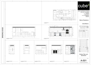 OVEN
REF.
DW DW
WINE
WINE
LAZY
SUSAN
D/W
17.44"
D/W
23.44"
DOUBLE
OVEN
CABINET
DRAWER
PULL-OUT DRAWERS
UPPER CABINET / SHELVES
REF 42"
CABINETS
CABINETS
SHELVES
2' - 6" 3' - 0" 8' - 8"
2' - 2" 11" 2' - 6" 7 1/2" 3' - 3" 3 1/2" 1' - 11 1/2" 3' - 3" 1' - 5 1/2" 9" 3' - 0"
2'-0"3'-0"3'-4"
1'-2"2'-0"2'-0"1'-2"2'-1"
A-501
B3
A-501A1
A-501 A2
3' - 8" 5' - 0"
PULL-OUT DRAWERS
A-501
B5
A-501A4
A-501 A5
10"1'-5"3'-8"
8'-5"
3' - 0" 2' - 0" 1' - 0"
2'-10"2"6"1'-6"1'-2"1'-2"8"
7'-4"
2' - 1"9 1/2"2' - 10"6 1/2"3' - 0"6 1/2"2' - 0"3' - 0"1' - 7"10"2' - 0"1' - 0"
20' - 2 1/2"
2' - 1"9 1/2"2' - 10"4' - 3"6' - 4 1/2"1 1/2"3' - 7 1/2"1 1/2"
4"2'-8"4'-4"
LAZY SUSAN
6" BACK SPLASH
8" DROP CEILING
1'-3"4'-5"1'-3"
1' - 10" 1' - 0" 1' - 5" 3' - 8"
3"7'-1"8"
8'-0"
FILLER
8"1'-3"4'-6"1'-3"4"
3'-6"3'-6"
DOUBLE
OVEN
CABINET
CABINET
LAZY SUSAN
24" WINE COOLER
DRAWERS
DRAWERS
8"4'-0"2"2'-10"4"
8'-0"
1'-8"1'-8"
1' - 3" 4' - 0" 1' - 2" 2' - 0"
8' - 5"
3' - 0"3' - 0"5' - 0"3' - 8"3' - 0"2' - 6 1/2"
8"4'-4"2'-8"4"
4'-6"2'-10"
2' - 6" 2' - 6"
GE PROFILE
REFRIGERATOR
CABINET
BAR OVERHANG
LEG
SPACE
8"4"7'-0"
FILLER
PULL-OUT DRAWER
WITHOUT HANDEL
PULL-OUT DRAWER
WITHOUT HANDEL
PULL-OUT DRAWER
WITHOUT HANDEL
PULL-OUT DRAWER
WITHOUT HANDEL
20' - 2 1/2"
PULL-OUT DRAWER
WITHOUT HANDEL
PULL-OUT DRAWER
WITHOUT HANDEL
OPEN SHELVE
4"2'-8"4'-4"8"
2' - 6"2' - 6"
3' - 8"5' - 0"
5'-0"10"1'-6"8"
8'-0"
8"4'-4"2'-8"4"
2'-2"10"5'-0"
8'-0"
OPEN SHELVE
8"3'-6"3'-6"4"
7'-4"
3' - 4"
1' - 0" 2' - 4"
8'-0"
cube² (architecture+design)
2700 north miami avenue
suite 804
miami, fl 33127
t: 305.586.8169
www.cube2architecture.com
aa-26001789
ib-26001134
BINDINGEDGE
Design Professional FL License
Number
Signature
Jorge Alberto Pernas
AR92904
ID5632
Revisions
Sheet Information
DateIssueNumber
Date
Job Number
Scale
Drawn
Checked
Approved
Title
Sheet
© Copyright 2012 cube² (architecture+design)
12345
12345
A
B
C
A
B
C
D
2901 South Bayshore Drive
PH-C
Coconut Grove, FL 33133
1/2" = 1'-0"
Blanco Residence
Carla Blanco
2012_35
SM
JAP
JAP
10/26/2012
A-501
Kitchen Plan and
Elevations
1/2" = 1'-0"
C3
Enlarged Kitchen Plan
1/2" = 1'-0"
B3
Kitchen - South Elevation
1/2" = 1'-0"
A1
Kitchen - West Elevation
1/2" = 1'-0"
A2
Kitchen - East Elevation
1/2" = 1'-0"
B5
Kitchen Island - North Elavation
1/2" = 1'-0"
A3
Kitchen Island - South Elevation
1/2" = 1'-0"
A4
Kitchen Island - West Elevation
1/2" = 1'-0"
A5
Kitchen Island - East Elevation
 