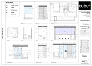 1' - 2 1/2" 1' - 8" 7' - 8" 1' - 8" 1' - 2"
2'-5"8'-41/2"
3' - 5" 3 1/2" 2' - 0" 4"
5"
2' - 0 1/2" 2' - 8 1/2" 3 1/2" 2' - 0" 3 1/2"
10'-91/2"
11"4'-3"
1'-0"5"8"3'-0"
5' - 0" 5" 4' - 10 1/2"
3' - 3 1/2"
A-502
B2
A-502
A2
13' - 9"
A-502B3
A
A-502 C3
A-502
A5
A-502 C4
4"1'-4"71/2"7"2"0"6"3'-10"8"
8"71/2"71/2"9"
1' - 2" 11' - 0" 1' - 2"
8'-0"
13' - 4"
ST-1
T-1
ST-2
CL-2
MIRROR
ST-1
TUB
8" PLATFORM
STORAGE
SHOWER
TOILET ROOM
8"4'-4"2'-4"8"
3 1/2"2' - 0"3 1/2"2' - 8 1/2"2' - 0 1/2"
5"
3 1/2"2' - 0"3 1/2"3' - 7"
2'-4"8"
1'-0"6'-4"
13' - 11"
ST-1
GL-1
GL-1 ST-1ST-1
RETURN
GL-1
CL-1
P-1
SLIDING DOOR
SLIDING DOOR
8"2'-1"1'-11/2"1'-11/2"2'-8"4"
3' - 3 1/2" 1' - 7"
4' - 10 1/2"
ST-1
W-1
W-1
W-1
P-1
WALL
5' - 4 1/2"
8"7'-4"
P-1
W-1
3' - 0" 8 1/2" 1' - 4"
8"7'-4"
2'-4"8"
ST-1
T-1
ST-1
SHOWER
8"3' - 0"2' - 7"5"2' - 0 1/2"5"
3'-0"4'-4"8"
ST-1
GL-1
ST-1
GL-1
ST-1
RETURN
P-1
8"4'-4"2'-4"8"
6" 4' - 7"
GL-1
ST-1
5' - 2"
5'-01/2"
2" 2' - 8" 10" 1' - 6"
2' - 7" 2' - 7"
A-502 B4
cube² (architecture+design)
2700 north miami avenue
suite 804
miami, fl 33127
t: 305.586.8169
www.cube2architecture.com
aa-26001789
ib-26001134
BINDINGEDGE
Design Professional FL License
Number
Signature
Jorge Alberto Pernas
AR92904
ID5632
Revisions
Sheet Information
DateIssueNumber
Date
Job Number
Scale
Drawn
Checked
Approved
Title
Sheet
© Copyright 2012 cube² (architecture+design)
12345
12345
A
B
C
A
B
C
D
2901 South Bayshore Drive
PH-C
Coconut Grove, FL 33133
3/4" = 1'-0"
Blanco Residence
Carla Blanco
2012_35
SM
JAP
JAP
10/26/2012
A-502
Bathroom
Elevations
3/4" = 1'-0"
C2
Enlraged Master Bathroom Plan
3/4" = 1'-0"
B2
Bathroom - South Elevation
3/4" = 1'-0"
A2
Bathroom - North Elevation
3/4" = 1'-0"
A
Toilet Room - North Elevation
3/4" = 1'-0"
B3
Toilet Room - West Elevation
3/4" = 1'-0"
C3
Shower - East Elevation
3/4" = 1'-0"
A5
Shower - South Elevation
3/4" = 1'-0"
C4
Soaking Tub - East Elevation
3/4" = 1'-0"
B5
Enlarged Powder Room
3/4" = 1'-0"
B4
Powder Room - East Elevation
MATERIAL LEGEND
P-1 PAINT
CL-1 COLOR LACQUER
GL-1 GLASS
M-1 MIRROR
W-1 WOOD VENEER
ST-1 STONE
T-1 MOSAIC TILE
 