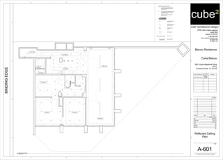3 3
3
33
3
3
3
33
3
REFLECTED CEILING PLAN NOTES
1. NEW CEILING TO BE INSTALLED AS
REQUIRED AND FINISHED SMOOTH
BY CONTRACTOR.
2. ALL SWITCHES ARE DIMMERS, EXCEPT
THE CLOSETS, UTILITY ROOM AND
EXTERIOR LIGHTING.
3. REFER TO E-101 FOR ELECTRICAL
SPECIFICATIONS.
3" LED ADJUSTABLE
RECESSED
LEGEND
SURFACE MOUNTTED
LIGHT FIXTURE
8'11" A.F.F CEILING HEIGHT
PENDENT LIGHT
FIXTURE
WALL SCONCE
TRACK LIGHT
7'-10" A.F.F
7'-4" A.F.F7'-4" A.F.F
7'-4" A.F.F
7'-4" A.F.F
7'-4" A.F.F
7'-4" A.F.F
7'-4" A.F.F
7'-4" A.F.F
8'-0" A.F.F
7'-10" A.F.F
cube² (architecture+design)
2700 north miami avenue
suite 804
miami, fl 33127
t: 305.586.8169
www.cube2architecture.com
aa-26001789
ib-26001134
BINDINGEDGE
Design Professional FL License
Number
Signature
Jorge Alberto Pernas
AR92904
ID5632
Revisions
Sheet Information
DateIssueNumber
Date
Job Number
Scale
Drawn
Checked
Approved
Title
Sheet
© Copyright 2012 cube² (architecture+design)
12345
12345
A
B
C
A
B
C
D
2901 South Bayshore Drive
PH-C
Coconut Grove, FL 33133
As indicated
Blanco Residence
Carla Blanco
2012_35
SM
JAP
JAP
10/26/2012
A-601
Reflected Ceiling
Plan
3/8" = 1'-0"
A5
Reflected Ceiling Plan
 