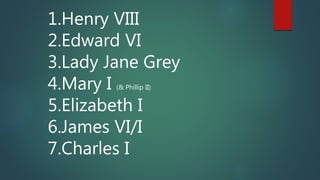 1.Henry VIII
2.Edward VI
3.Lady Jane Grey
4.Mary I (& Phillip II)
5.Elizabeth I
6.James VI/I
7.Charles I
 