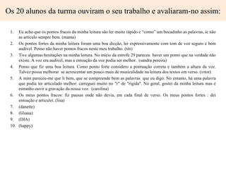 Os 20 alunos da turma ouviram o seu trabalho e avaliaram-no assim:

 1.  Eu acho que os pontos fracos da minha leitura são ler muito rápido e “como” um bocadinho as palavras, ie não
     as articulo sempre bem. (mama)
 2. Os pontos fortes da minha leitura foram uma boa dicção, ler expressivamente com tom de voz seguro e bem
     audível. Penso não haver pontos fracos neste meu trabalho. (titi)
 3. Tive algumas hesitações na minha leitura. No início da estrofe 29 pareceu haver um ponto que na verdade não
     existe. A voz era audível, mas a entoação da voz podia ser melhor. (sandra pereira)
 4. Penso que fiz uma boa leitura. Como ponto forte considero a pontuação correta e também a altura da voz.
     Talvez possa melhorar se acrescentar um pouco mais de musicalidade na leitura dos textos em verso. (vitor)
 5. A mim pareceu-me que li bem, que se compreende bem as palavras que eu digo. No entanto, há uma palavra
     que podia ter articulado melhor: carreguei muito no "r" de "rígida". No geral, gostei da minha leitura mas é
     estranho ouvir a gravação da nossa voz. (carolina)
 6. Os meus pontos fracos: fiz pausas onde não devia, em cada final de verso. Os meus pontos fortes : dei
     entoação e articulei. (lisa)
 7. (danette)
 8. (liliana)
 9. (DIA)
 10. (happy)
 