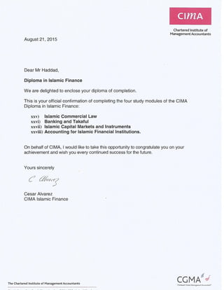 Letter CIMA Diploma in Islamic Finance