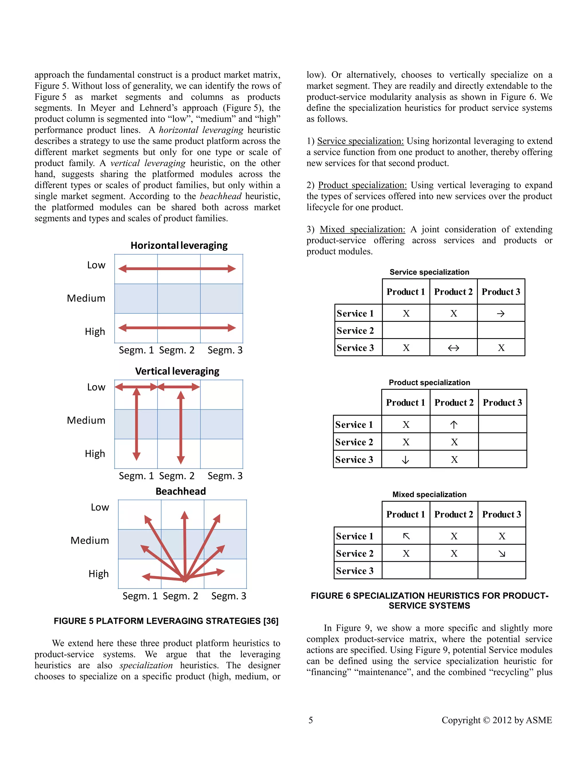 5 Copyright © 2012 by ASME 
approach the fundamental construct is a product market matrix, 
Figure 5. Without loss of generality, we can identify the rows of 
Figure 5 as market segments and columns as products 
segments. In Meyer and Lehnerd’s approach (Figure 5), the 
product column is segmented into “low”, “medium” and “high” 
performance product lines. A horizontal leveraging heuristic 
describes a strategy to use the same product platform across the 
different market segments but only for one type or scale of 
product family. A vertical leveraging heuristic, on the other 
hand, suggests sharing the platformed modules across the 
different types or scales of product families, but only within a 
single market segment. According to the beachhead heuristic, 
the platformed modules can be shared both across market 
segments and types and scales of product families. 
FIGURE 5 PLATFORM LEVERAGING STRATEGIES [36] 
We extend here these three product platform heuristics to 
product-service systems. We argue that the leveraging 
heuristics are also specialization heuristics. The designer 
chooses to specialize on a specific product (high, medium, or 
low). Or alternatively, chooses to vertically specialize on a 
market segment. They are readily and directly extendable to the 
product-service modularity analysis as shown in Figure 6. We 
define the specialization heuristics for product service systems 
as follows. 
1) Service specialization: Using horizontal leveraging to extend 
a service function from one product to another, thereby offering 
new services for that second product. 
2) Product specialization: Using vertical leveraging to expand 
the types of services offered into new services over the product 
lifecycle for one product. 
3) Mixed specialization: A joint consideration of extending 
product-service offering across services and products or 
product modules. 
Service specialization 
Product specialization 
Mixed specialization 
FIGURE 6 SPECIALIZATION HEURISTICS FOR PRODUCT-SERVICE 
SYSTEMS 
In Figure 9, we show a more specific and slightly more 
complex product-service matrix, where the potential service 
actions are specified. Using Figure 9, potential Service modules 
can be defined using the service specialization heuristic for 
“financing” “maintenance”, and the combined “recycling” plus 
Vertical leveraging 
Horizontal leveraging 
Low 
Medium 
High 
Segm. 1 Segm. 2 Segm. 3 
Low 
Medium 
High 
Segm. 1 Segm. 2 Segm. 3 
Beachhead 
Low 
Medium 
High 
Segm. 1 Segm. 2 Segm. 3 
Product 1 Product 2 Product 3 
Service 1 X X → 
Service 2 
Service 3 X ↔ X 
Product 1 Product 2 Product 3 
Service 1 X ↑ 
Service 2 X X 
Service 3 ↓ X 
Product 1 Product 2 Product 3 
Service 1 ↖ X X 
Service 2 X X ↘ 
Service 3 
 