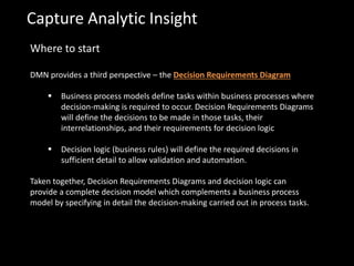 Capture Analytic Insight
Where to start
DMN provides a third perspective – the Decision Requirements Diagram
 Business process models define tasks within business processes where
decision-making is required to occur. Decision Requirements Diagrams
will define the decisions to be made in those tasks, their
interrelationships, and their requirements for decision logic
 Decision logic (business rules) will define the required decisions in
sufficient detail to allow validation and automation.
Taken together, Decision Requirements Diagrams and decision logic can
provide a complete decision model which complements a business process
model by specifying in detail the decision-making carried out in process tasks.
 