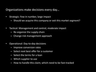 Organizations make decisions every day…
• Strategic: Few in number, large impact
– Should we acquire this company or exit this market segment?
• Tactical: Management and control, moderate impact
– Re-organize the supply chain
– Change risk management approach
• Operational: Day-to-day decisions
– Improve conversion rates
– Select next best offer for a customer
– Select the terms for a loan
– Which supplier to use
– How to handle this claim; which need to be fast-tracked
 