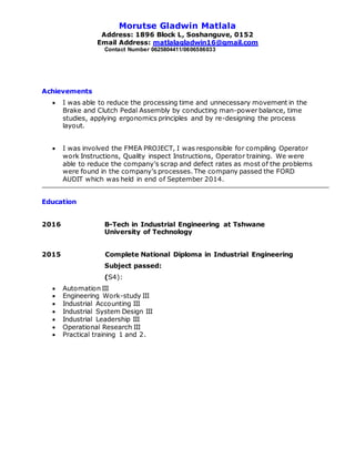 Curriculum Vitae Of Matlala Gladwin