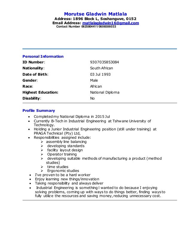 Curriculum Vitae Of Matlala Gladwin