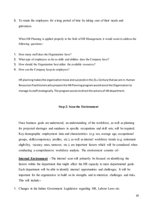 10
5. To retain the employees for a long period of time by taking care of their needs and
grievances.
When HR Planning is applied properly in the field of HR Management, it would assist to address the
following questions:-
1. How many staff does the Organization have?
2. What type of employees as far as skills and abilities does the Company have?
3. How should the Organization best utilize the available resources?
4. How can the Company keep its employees?
HR planningmakesthe organizationmove andsucceedsinthe 21st Centurythatwe are in.Human
ResourcesPractitionerswhoprepare the HRPlanningprogramwouldassistthe Organizationto
manage itsstaff strategically.The programassiststodirectthe actionsof HR department.
Step 2: Scan the Environment
Once business goals are understood, an understanding of the workforce, as well as planning
for projected shortages and surpluses in specific occupations and skill sets, will be required.
Key demographic employment data and characteristics (e.g. sex, average age, occupational
groups, skills/competency profiles, etc.), as well as internal workforce trends (e.g. retirement
eligibility, vacancy rates, turnover, etc.), are important factors which will be considered when
conducting a comprehensive workforce analysis. The environment consists of:-
Internal Environment - The internal scan will primarily be focused on identifying the
factors within the department that might affect the HR capacity to meet departmental goals.
Each department will be able to identify internal opportunities and challenges. It will be
important for the organization to build on its strengths and to minimize challenges and risks.
This will include:-
1. Changes in the Indian Government Legislation regarding HR, Labour Laws etc.
 