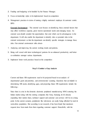 11
2. Funding and budgeting to be handled by the Finance Manager.
3. Focus on leadership styles to be implemented based on competitors
4. Management practices in terms of running a highly motivated employee & customer centric
BPO.
External Environment - The external scan focuses on identifying those external factors that
may affect workforce capacity, given known operational needs and emerging issues. An
external scan should consider the opportunities that exist which can be advantageous to the
department. It will also enable the department to identify risks or potential risks in the
external environment so that the department can identify specific strategies to manage those
risks. Our external environment talks about:-
1. Analysing and improving the current working trends and patterns.
2. Being well versed with latest technological patterns for an enhanced productivity and better
co-ordination amongst various departments.
3. Implement better work practices based on the competition
Step 3: Conduct a Gap Analysis
Current and future HR requirements need to be projected based on an analysis of
departmental goals and priorities, and environmental scanning. Questions that are helpful in
determining HR needs, identifying gaps, and projecting future HR requirements include the
following:-
Since there is a rise in the domestic electronic peripheral manufacturing MNCs entering the
Indian market along with the existing companies like Sony, Samsung & LG already
expanding their market share, technical support and customer care services will be on a rising
point. In the current scenario, peripherals like televisions are easily being afforded by rural &
semi-urban population. But according to our research, it has been found that maximum
requests have been made from them regarding customer support. Henceforth, with the
 