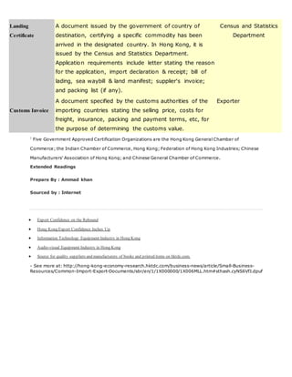 Landing
Certificate
A document issued by the government of country of
destination, certifying a specific commodity has been
arrived in the designated country. In Hong Kong, it is
issued by the Census and Statistics Department.
Application requirements include letter stating the reason
for the application, import declaration & receipt; bill of
lading, sea waybill & land manifest; supplier's invoice;
and packing list (if any).
Census and Statistics
Department
Customs Invoice
A document specified by the customs authorities of the
importing countries stating the selling price, costs for
freight, insurance, packing and payment terms, etc, for
the purpose of determining the customs value.
Exporter
1
Five Government Approved Certification Organizations are the Hong Kong General Chamber of
Commerce; the Indian Chamber of Commerce, Hong Kong; Federation of Hong Kong Industries; Chinese
Manufacturers' Association of Hong Kong; and Chinese General Chamber of Commerce.
Extended Readings
Prepare By : Ammad khan
Sourced by : Internet
 Export Confidence on the Rebound
 Hong Kong Export Confidence Inches Up
 Information Technology Equipment Industry in Hong Kong
 Audio-visual Equipment Industry in Hong Kong
 Source for quality suppliers and manufacturers of books and printed items on hktdc.com.
- See more at: http://hong-kong-economy-research.hktdc.com/business-news/article/Small-Business-
Resources/Common-Import-Export-Documents/sbr/en/1/1X000000/1X006MLL.htm#sthash.cyNS6VfJ.dpuf
 