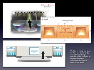 Working in events has given
me the opportunity to be
involved in set designs.
Here are some examples of
bespoke designs to
compliment the overall
theme of the event.
 