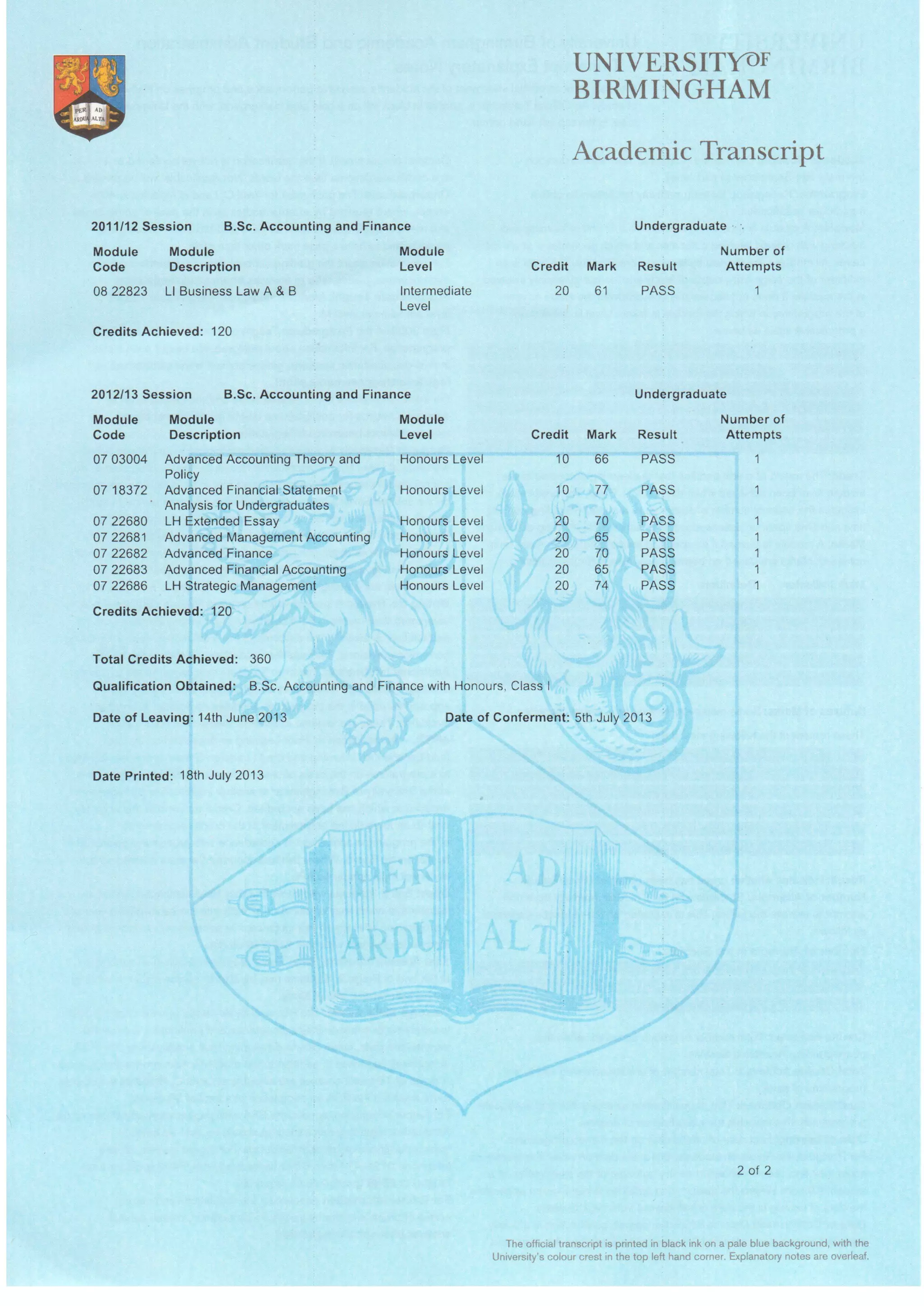 Danial Sharif - academic transcript page 2 of 2 | PDF