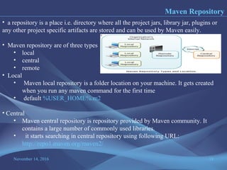 November 14, 2016 18
Maven Repository
• a repository is a place i.e. directory where all the project jars, library jar, plugins or
any other project specific artifacts are stored and can be used by Maven easily.
• Maven repository are of three types
• local
• central
• remote
• Local
• Maven local repository is a folder location on your machine. It gets created
when you run any maven command for the first time
• default %USER_HOME%.m2
• Central
• Maven central repository is repository provided by Maven community. It
contains a large number of commonly used libraries.
• it starts searching in central repository using following URL:
http://repo1.maven.org/maven2/
 