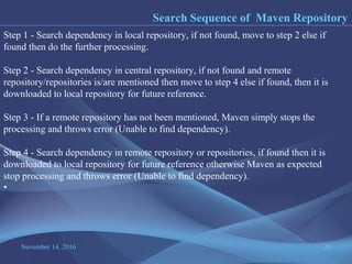 November 14, 2016 20
Search Sequence of Maven Repository
Step 1 - Search dependency in local repository, if not found, move to step 2 else if
found then do the further processing.
Step 2 - Search dependency in central repository, if not found and remote
repository/repositories is/are mentioned then move to step 4 else if found, then it is
downloaded to local repository for future reference.
Step 3 - If a remote repository has not been mentioned, Maven simply stops the
processing and throws error (Unable to find dependency).
Step 4 - Search dependency in remote repository or repositories, if found then it is
downloaded to local repository for future reference otherwise Maven as expected
stop processing and throws error (Unable to find dependency).
•
 