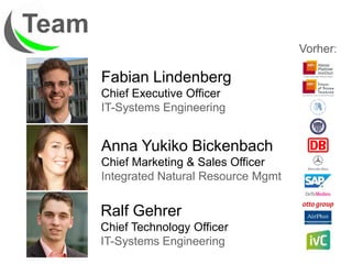 Team
Vorher:

Fabian Lindenberg
Chief Executive Officer
IT-Systems Engineering

Anna Yukiko Bickenbach
Chief Marketing & Sales Officer
Integrated Natural Resource Mgmt

Ralf Gehrer
Chief Technology Officer
IT-Systems Engineering

 