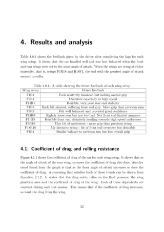 4. Results and analysis
Table 4.0.1 shows the feedback given by the driver after completing the laps for each
wing setup. It shows that the car handled well and was best balanced when the front
and rear wings were set to the same angle of attack. When the wings are setup at either
extremity, that is, setups F1R18 and R18F1, the end with the greatest angle of attack
seemed to suﬀer.
Table 4.0.1.: A table showing the driver feedback of each wing setup
Wing setup Driver feedback
F1R1 Feels relatively balanced but lacking overall grip
F9R1 Oversteer especially at high speed
F18R1 Horrible, very poor rear end stability
F1R9 Back felt planted, suﬀering front end grip. More grip than previous runs
F9R9 Felt well balanced and provided good conﬁdence
F18R9 Slightly loose rear but not too bad. Not front end limited anymore
F1R18 Horrible front end, deﬁnitely heading towards high speed understeer
F9R18 Tiny bit of understeer - more grip than previous setup
F18R18 My favourite setup - bit of front end oversteer but desirable
F1R1 Similar balance to previous run but less overall grip
4.1. Coeﬃcient of drag and rolling resistance
Figure 4.1.1 shows the coeﬃcient of drag of the car for each wing setup. It shows that as
the angle of attack of the rear wing increases the coeﬃcient of drag also does. Another
trend found from the graph is that as the front angle of attack increases so does the
coeﬃcient of drag. A reasoning that satisﬁes both of these trends can be drawn from
Equation 2.1.2. It states that the drag entity relies on the ﬂuid pressure, the wing
planform area and the coeﬃcient of drag of the wing. Each of these dependents are
constant during each test session. This means that if the coeﬃcient of drag increases,
so must the drag from the wing.
22
 