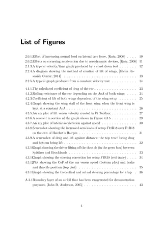 List of Figures
2.0.1.Eﬀect of increasing normal load on lateral tyre force, [Katz, 2006] . . . . 10
2.0.2.Eﬀects on cornering acceleration due to aerodynamic devices, [Katz, 2006] 11
2.1.3.A typical velocity/time graph produced by a coast down test . . . . . . . 12
2.2.4.A diagram showing the method of creation of lift of wings, [Glenn Re-
search Center, 2014] . . . . . . . . . . . . . . . . . . . . . . . . . . . . . 13
2.2.5.A typical graph produced from a constant velocity test . . . . . . . . . . 14
4.1.1.The calculated coeﬃcient of drag of the car . . . . . . . . . . . . . . . . . 23
4.1.2.Rolling resistance of the car depending on the AoA of both wings . . . . 24
4.2.3.Coeﬃcient of lift of both wings dependent of the wing setup . . . . . . . 25
4.2.4.Graph showing the wing stall of the front wing when the front wing is
kept at a constant AoA . . . . . . . . . . . . . . . . . . . . . . . . . . . . 26
4.3.5.An x-y plot of lift versus velocity created in Pi Toolbox . . . . . . . . . . 27
4.3.6.A zoomed in section of the graph shown in Figure 4.3.5 . . . . . . . . . . 29
4.3.7.An x-y plot of lateral acceleration against speed . . . . . . . . . . . . . . 30
4.3.8.Screenshot showing the increased aero loads of setup F18R18 over F1R18
on the exit of Hatchet’s Hairpin . . . . . . . . . . . . . . . . . . . . . . . 31
4.3.9.A screenshot of drag and lift against distance, the top trace being drag
and bottom being lift . . . . . . . . . . . . . . . . . . . . . . . . . . . . . 32
4.3.10.Graph showing the driver lifting oﬀ the throttle (in the green box) between
Spitﬁres and Brooklands . . . . . . . . . . . . . . . . . . . . . . . . . . . 33
4.3.11.Graph showing the steering correction for setup F1R18 (red trace) . . . . 34
4.3.12.Plot showing the CoP of the car versus speed (bottom plot) and brake
and throttle position (top plot) . . . . . . . . . . . . . . . . . . . . . . . 35
4.3.13.Graph showing the theoretical and actual steering percentage for a lap . 36
A.2.1.Boundary layer of an airfoil that has been exagerrated for demonstration
purposes, [John D. Anderson, 2005] . . . . . . . . . . . . . . . . . . . . . 43
4
 