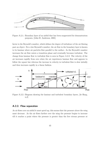 Figure A.2.1.: Boundary layer of an airfoil that has been exagerrated for demonstration
purposes, [John D. Anderson, 2005]
factor is the Reynold’s number, which deﬁnes the degree of turbulence of the air ﬂowing
past an object. For a low Reynold’s number, the air ﬂow in the boundary layer is known
to be laminar where air particles ﬂow parallel to the surface. As the Reynold’s number
increases the air ﬂow enters a transition phase and eventually becomes turbulent. The
change from laminar ﬂow to turbulent ﬂow is seen in Figure A.2.2. The velocity of the
air increases rapidly from zero when the air experiences laminar ﬂow and appears to
follow the square law whereas the increase in velocity in turbulent ﬂow is slow initially
and then increases rapidly in a linear fashion.
Figure A.2.2.: Diagram showing the laminar and turbulent boundary layers, [de Haag,
n,d]
A.2.2. Flow separation
As air ﬂows over an airfoil it must speed up, this means that the pressure above the wing
must decrease. As the air ﬂows further over the wing the pressure begins to increase
till it reaches a point where the pressure is greater than the free stream pressure at
43
 