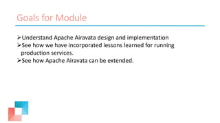 Goals for Module
Understand Apache Airavata design and implementation
See how we have incorporated lessons learned for running
production services.
See how Apache Airavata can be extended.
 